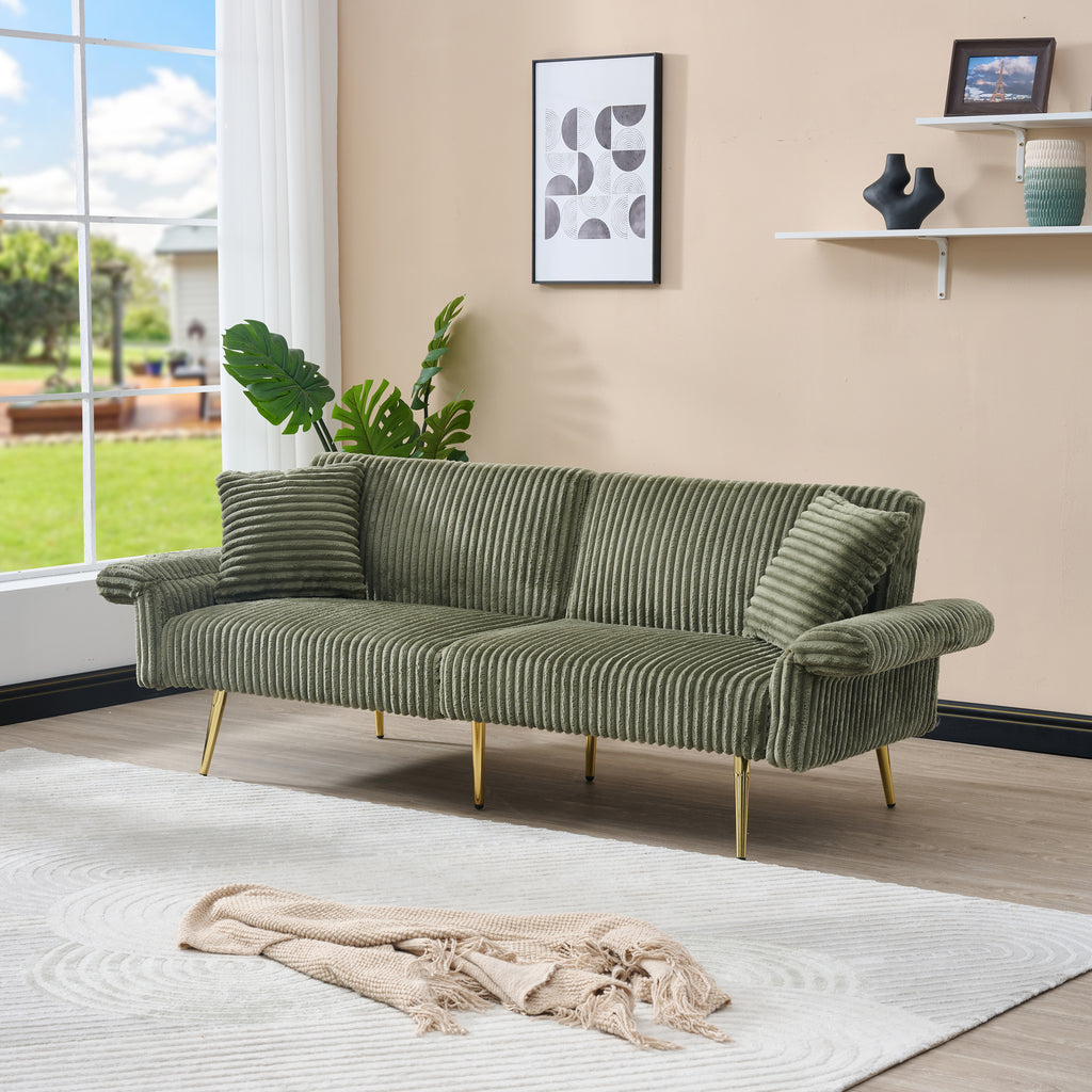 Emerald green Anthony & Home corduroy velvet sofa bed with plush cushions and sleek design, showcasing its versatile convertible feature.
