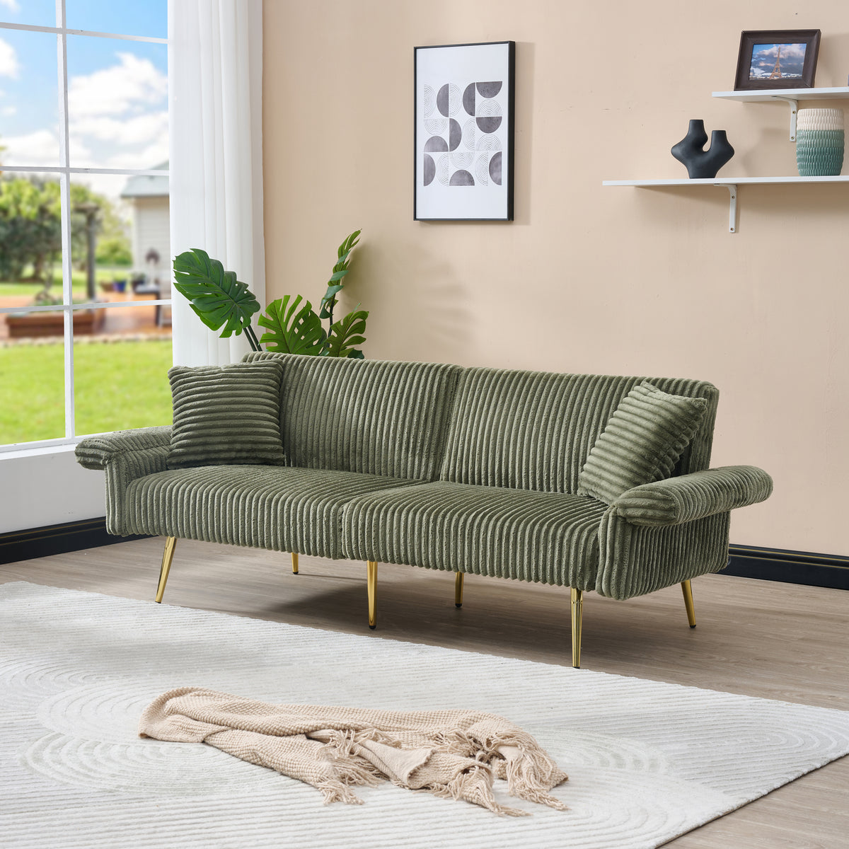 Emerald green Anthony & Home corduroy velvet sofa bed with plush cushions and sleek design, showcasing its versatile convertible feature.