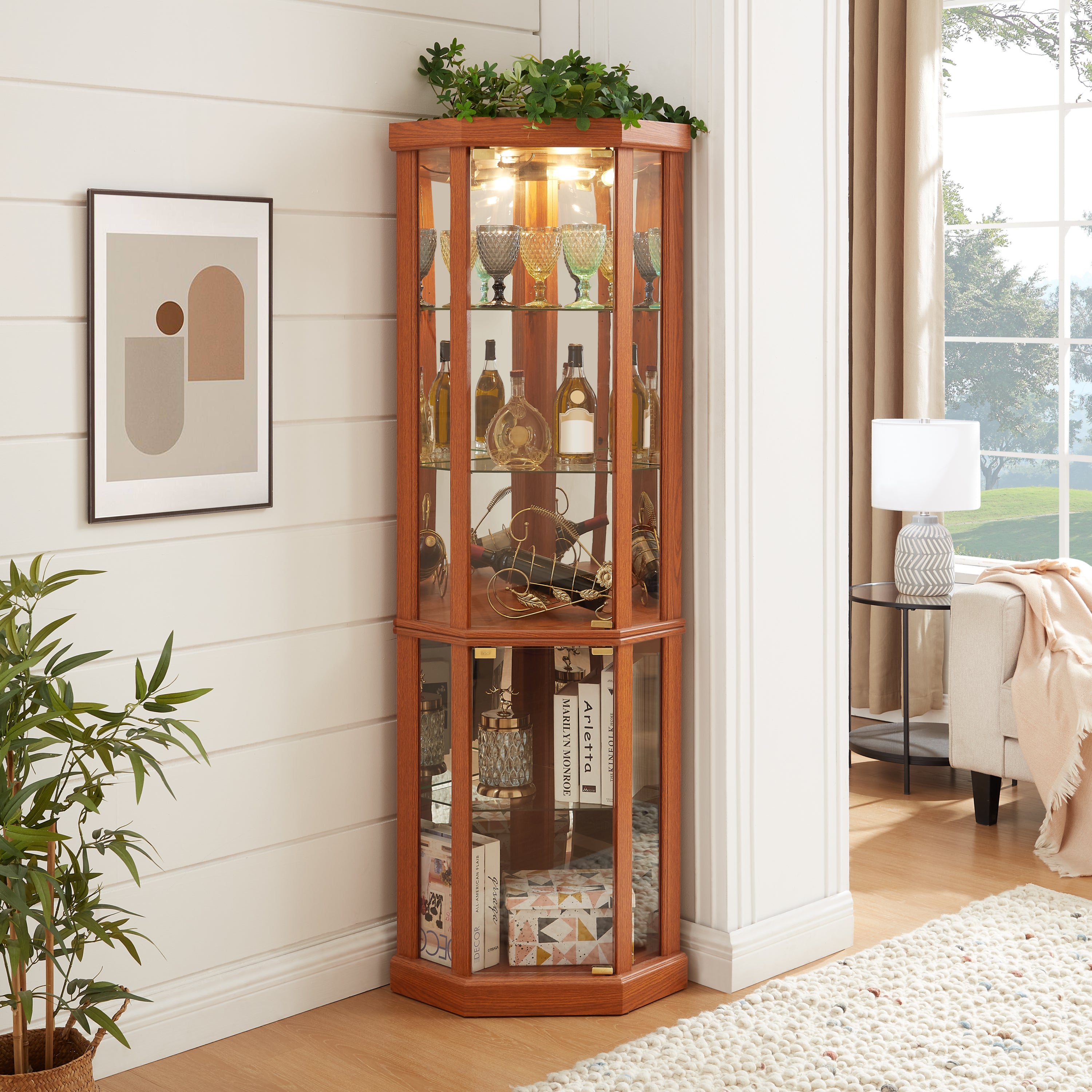 Corner lighted curio cabinet in dark oak finish by Anthony & Home, showcasing glass doors and interior display shelves.