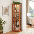 Corner lighted curio cabinet in dark oak finish by Anthony & Home, showcasing glass doors and interior display shelves.