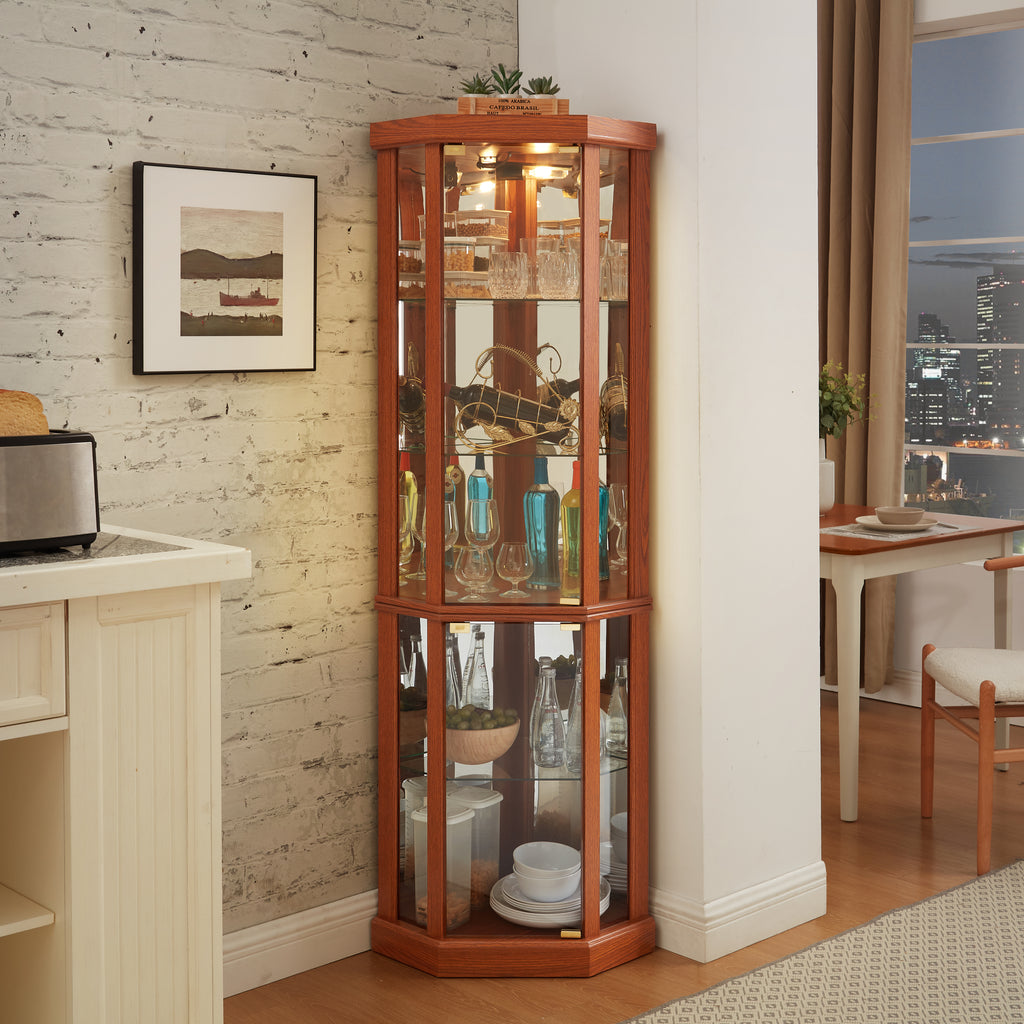 Dark oak corner lighted curio cabinet by Anthony & Home featuring glass doors and interior lighting for displaying collectibles.