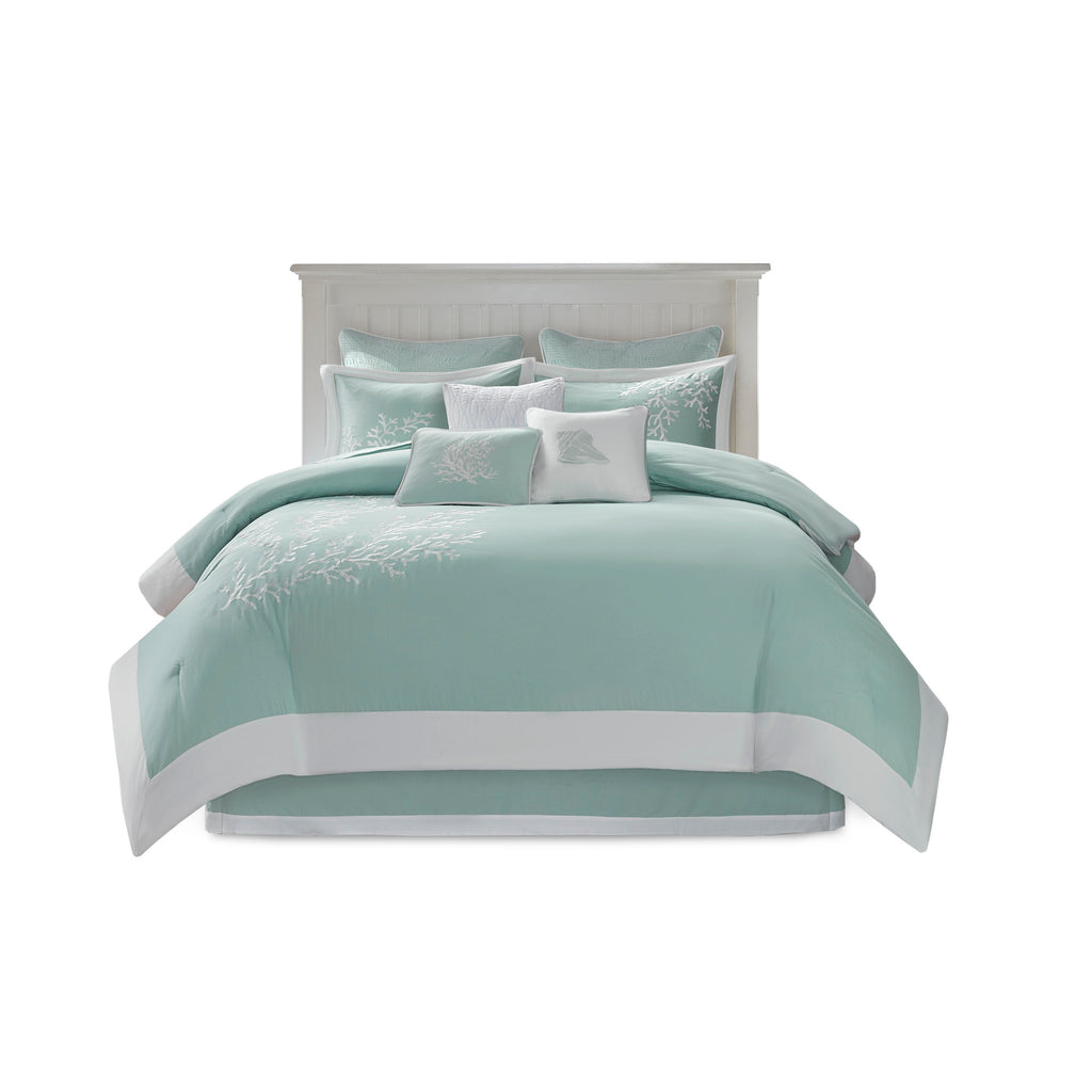 Queen size Anthony & Home cotton jacquard comforter set in aqua, featuring intricate patterns and a luxurious texture.