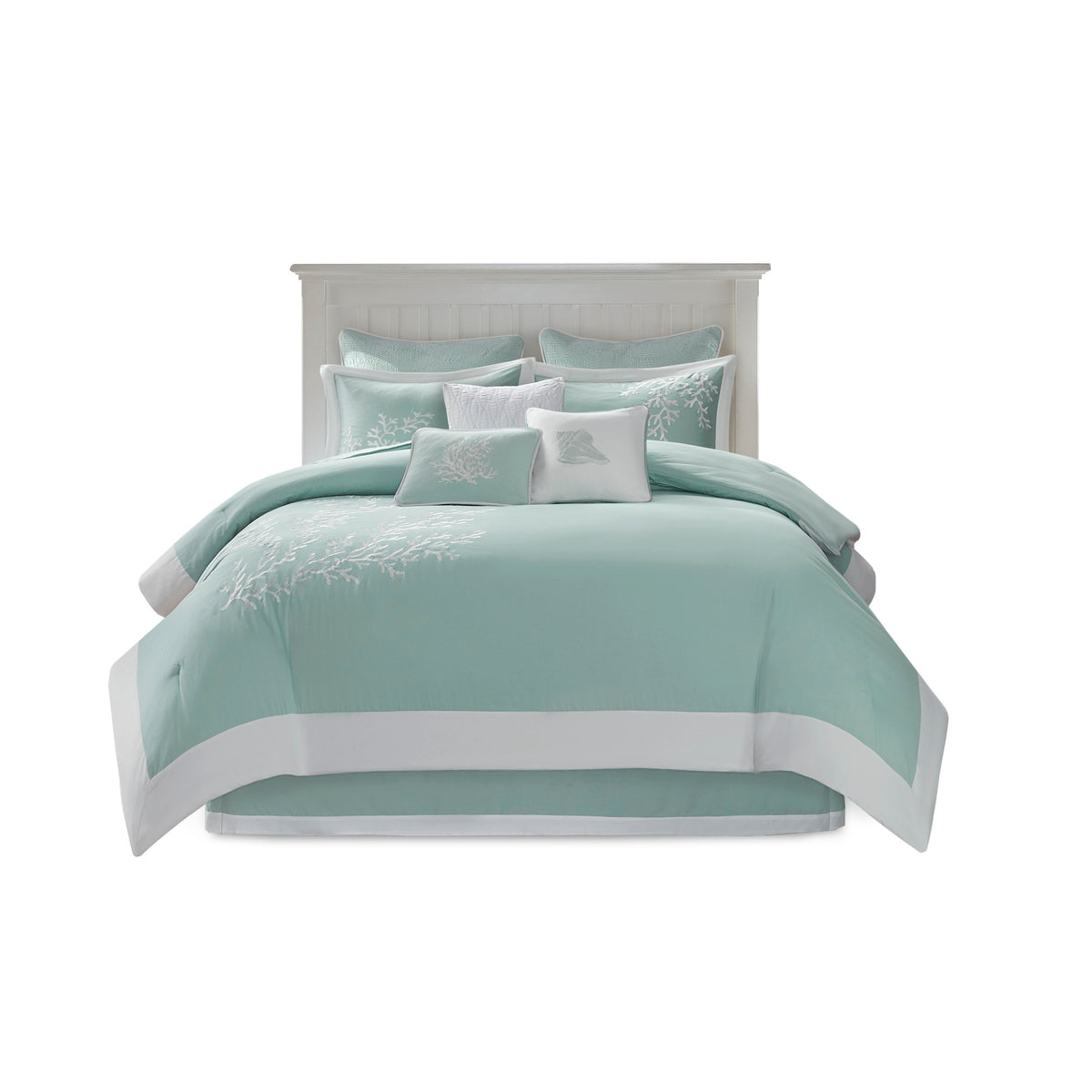 Queen size Anthony & Home cotton jacquard comforter set in aqua, featuring intricate patterns and a luxurious texture.