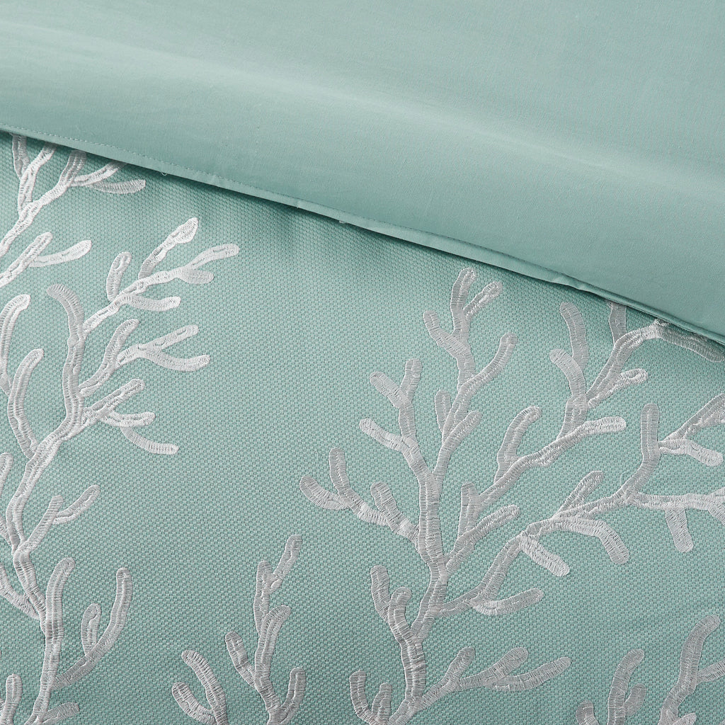 Aqua cotton jacquard comforter set in queen size with intricate pattern, designed by Anthony & Home, limited edition bedding.