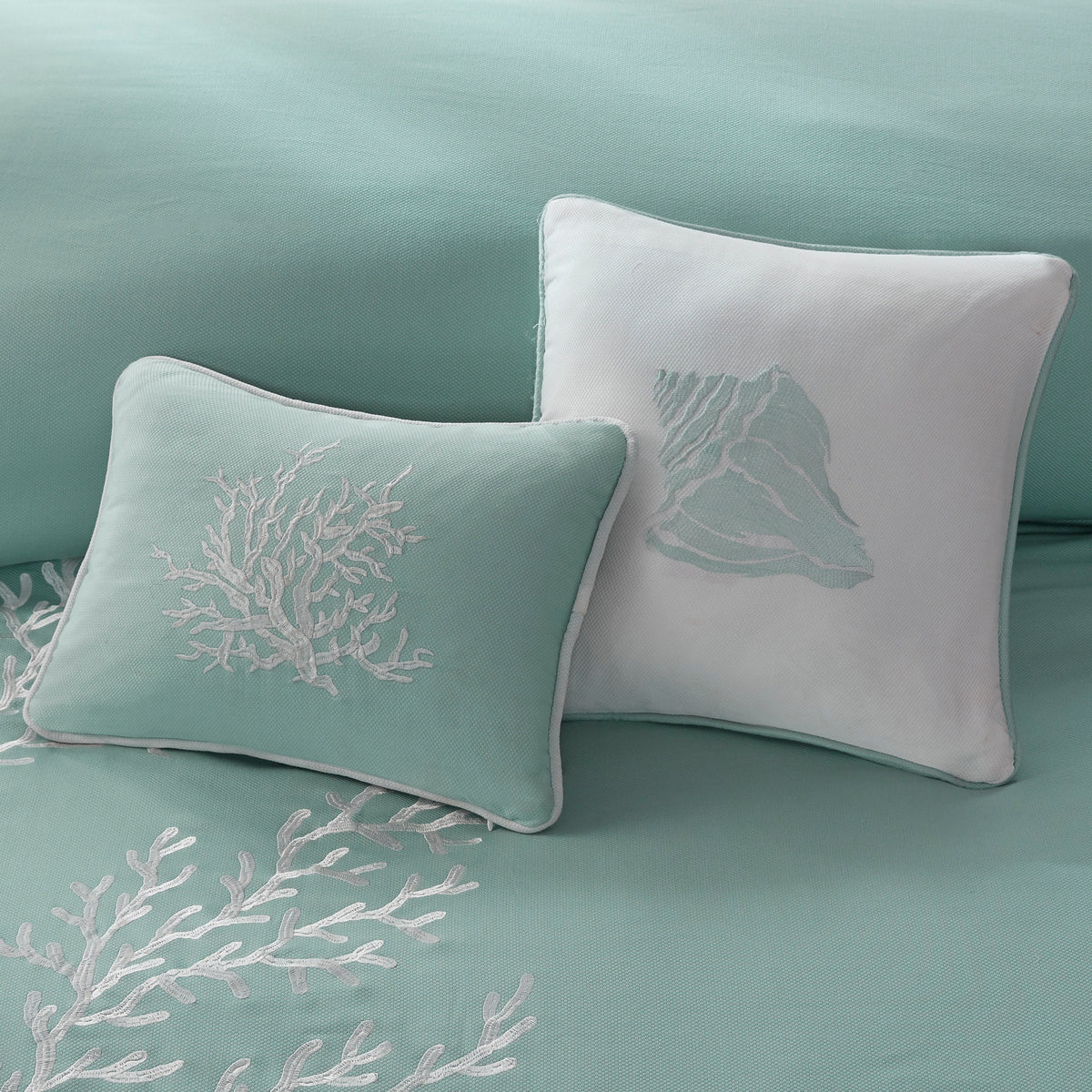 Aqua cotton jacquard queen comforter set by Anthony & Home with intricate pattern, plush texture, and elegant design.