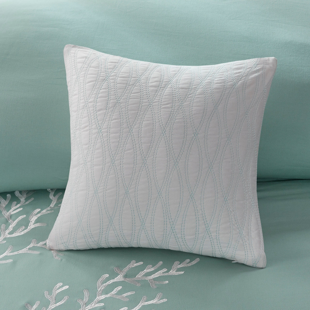 Anthony & Home Aqua Cotton Jacquard Comforter Set in Queen size, featuring intricate woven patterns and soft, luxurious fabric.