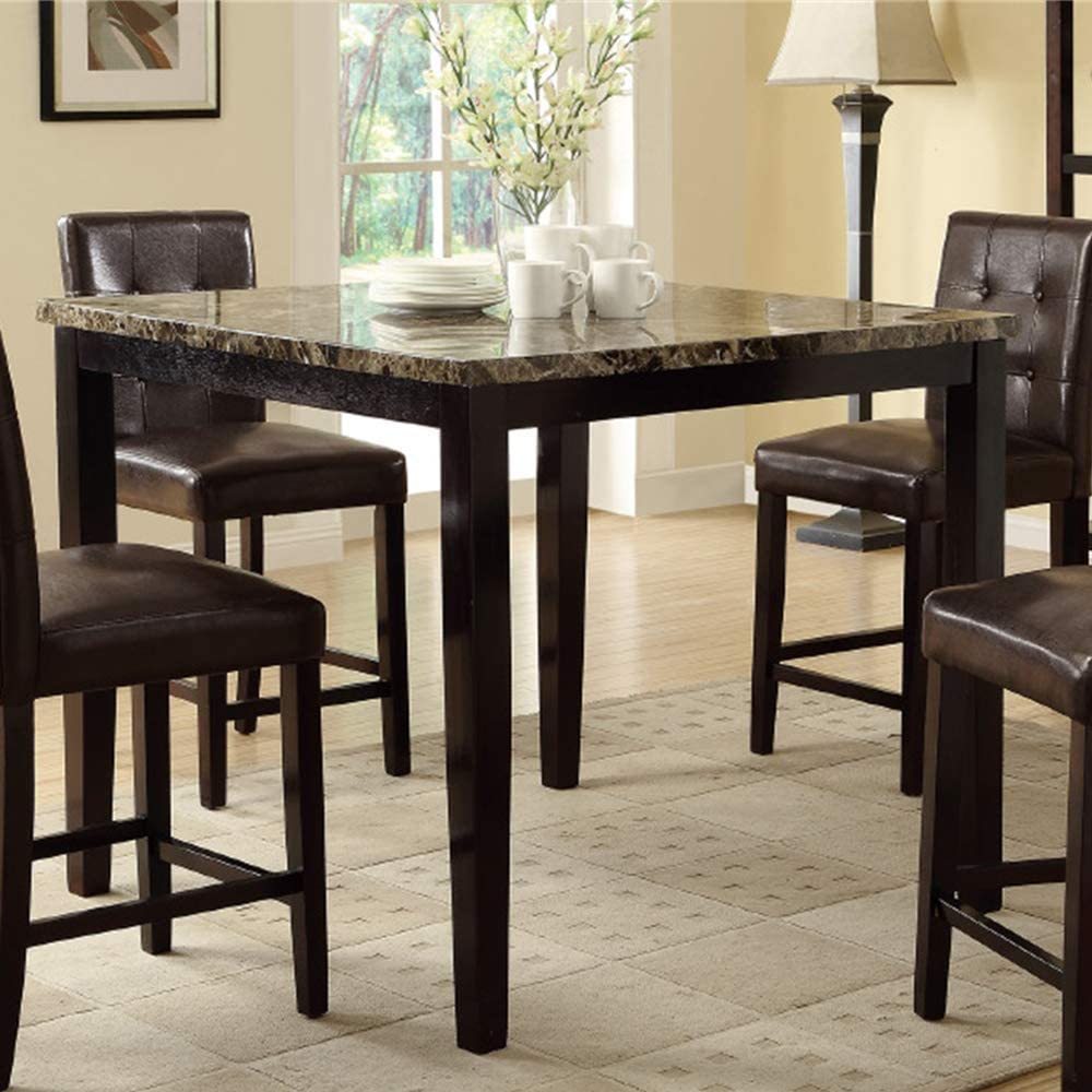 Counter height dining set with faux marble table and matching chairs by Anthony & Home, shown with a modern kitchen background.