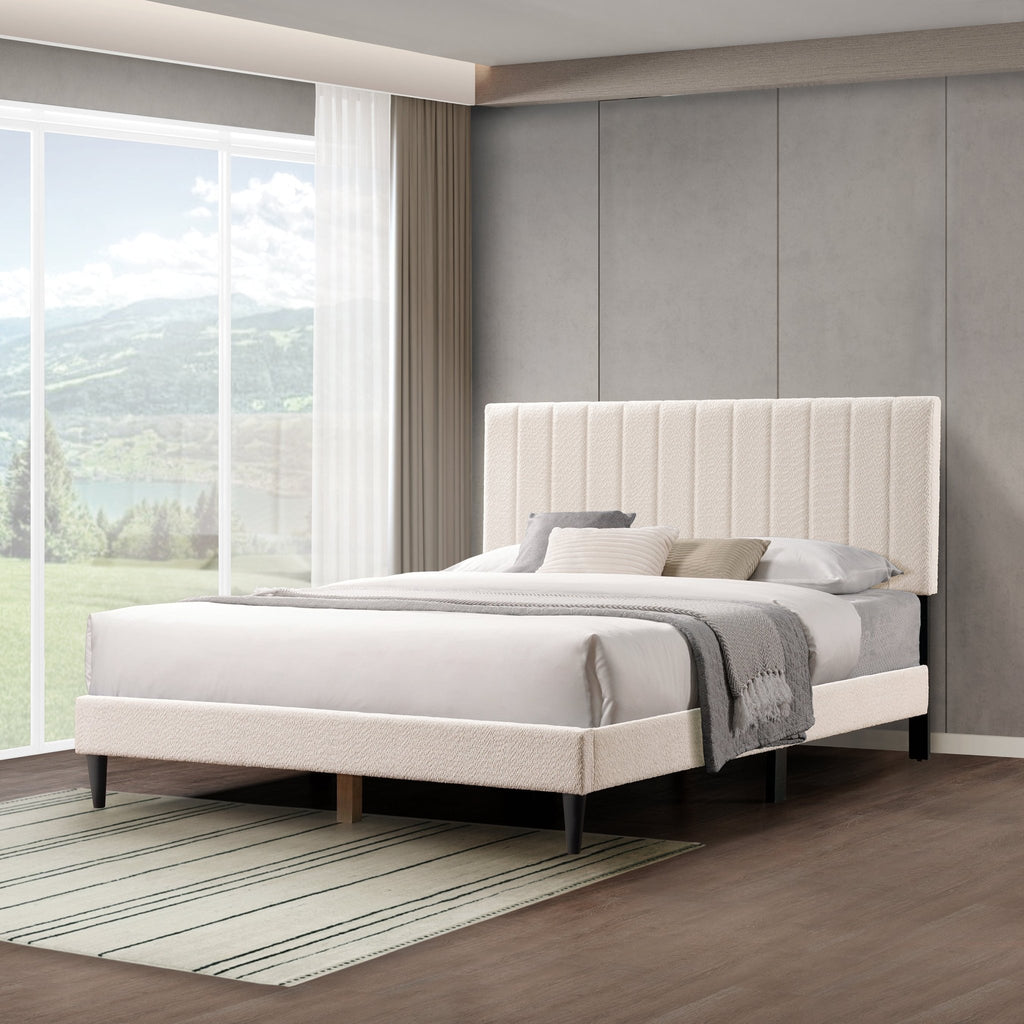 Cream boucle queen platform bed with midcentury tufted headboard by Anthony & Home, showcasing plush fabric and sleek design.