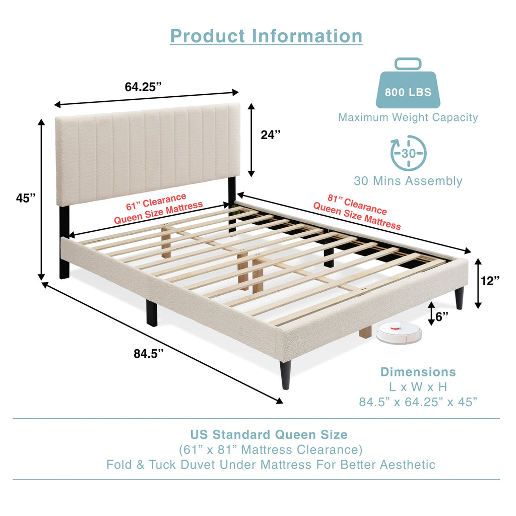 Cream boucle queen platform bed with tufted headboard, midcentury style by Anthony & Home, showcasing a plush, upholstered design.