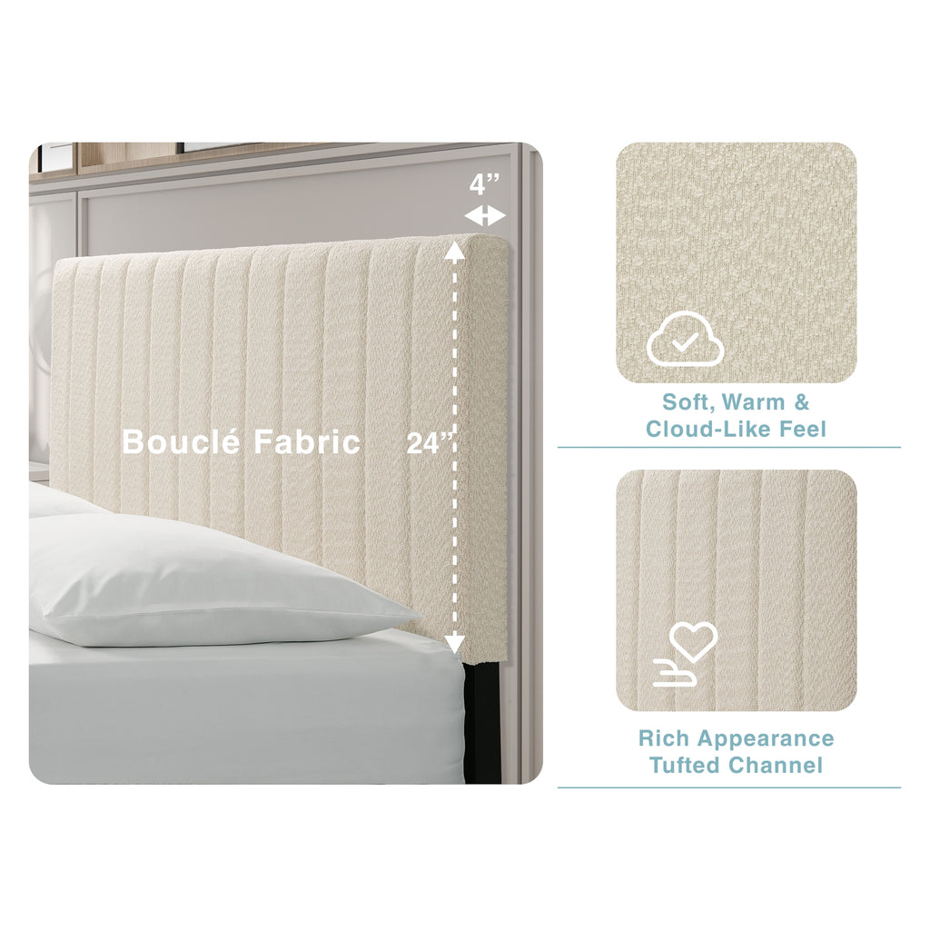 Cream boucle queen platform bed with tufted headboard from Anthony & Home, showcasing a midcentury style and plush, textured fabric.
