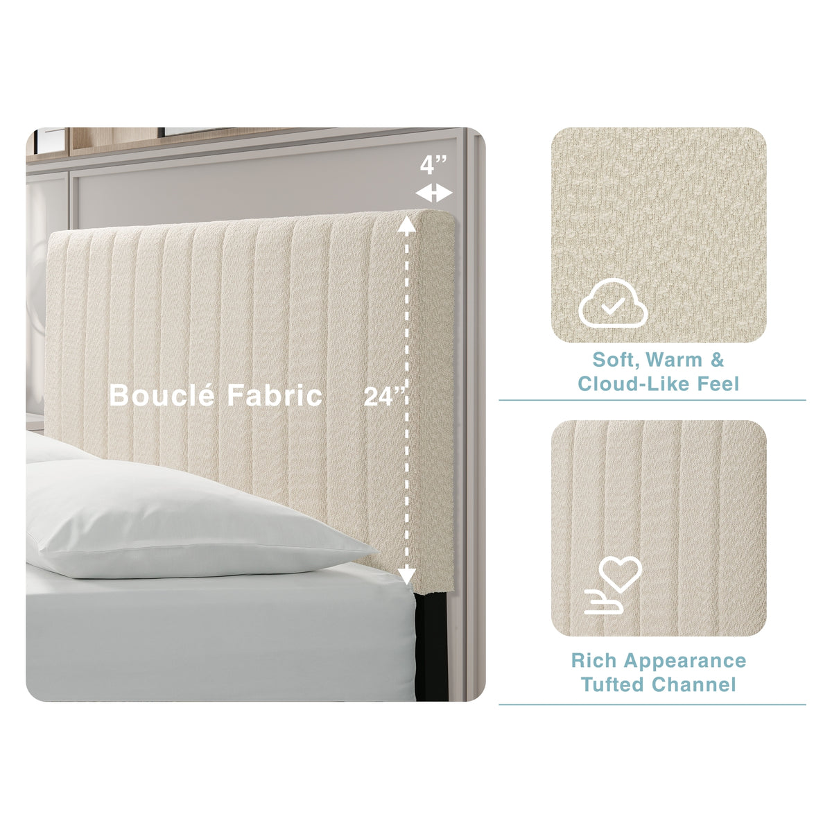 Cream boucle queen platform bed with tufted headboard from Anthony & Home, showcasing a midcentury style and plush, textured fabric.
