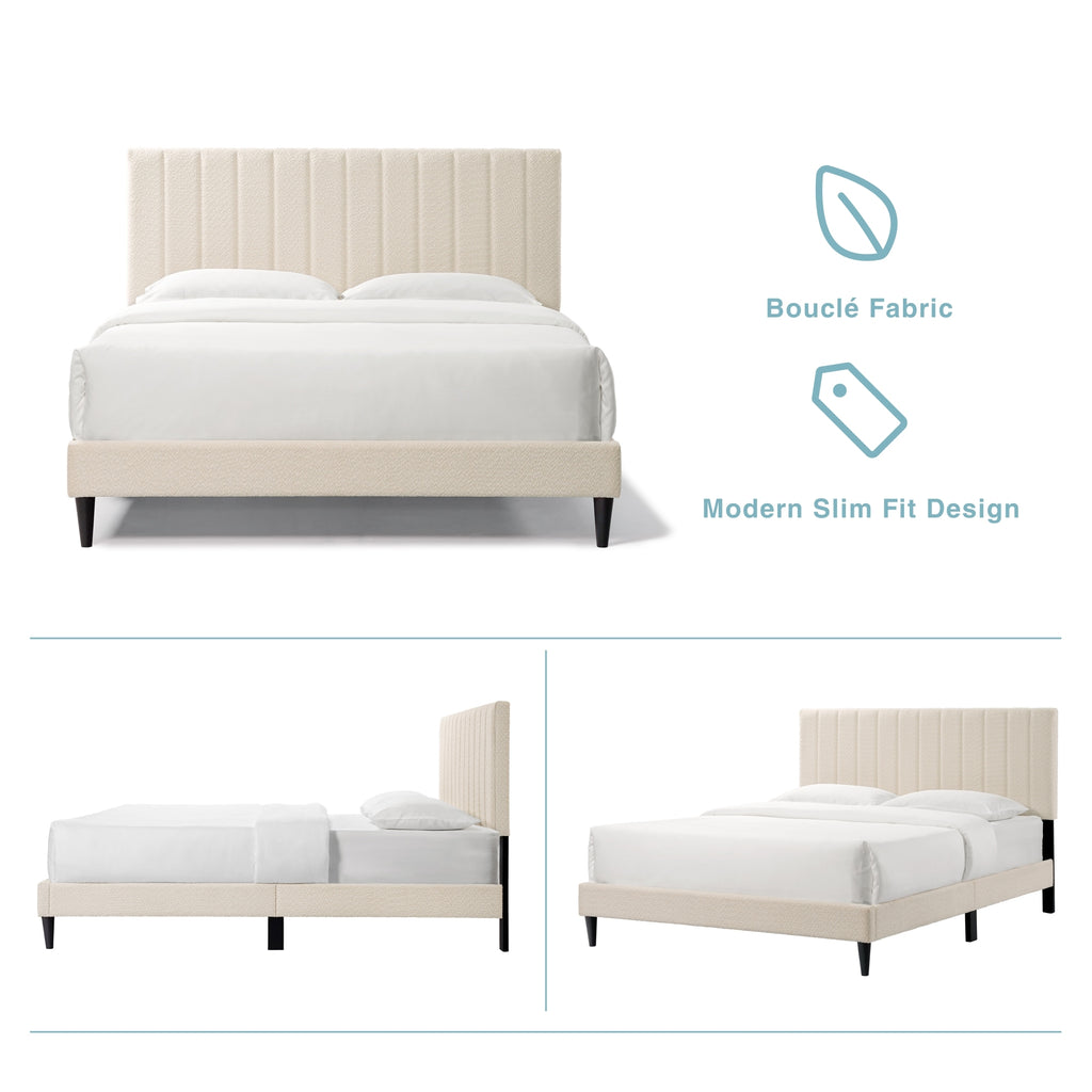Cream boucle queen platform bed with tufted midcentury headboard and sturdy wooden frame by Anthony & Home.