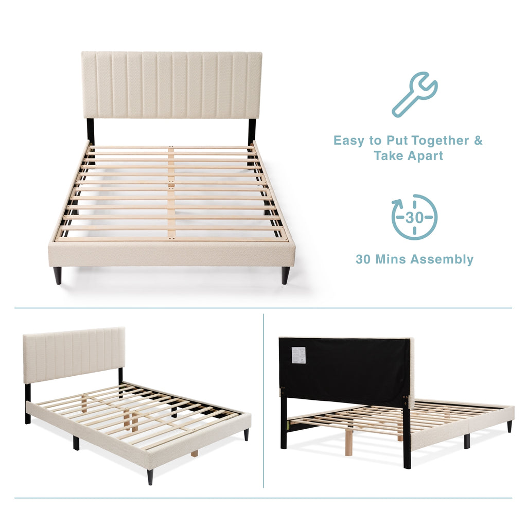 Cream boucle queen platform bed with tufted headboard and midcentury style, featuring Anthony & Home branding.