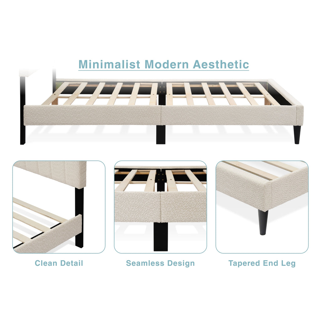 Cream boucle queen platform bed with tufted headboard and midcentury style, featuring a plush, textured fabric and sleek design.