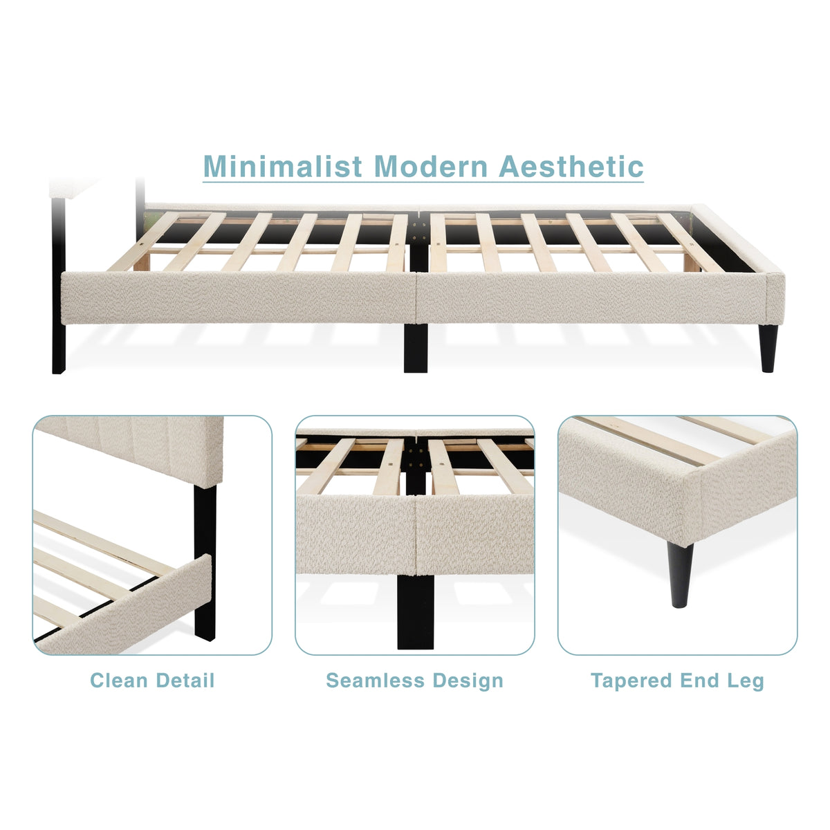 Cream boucle queen platform bed with tufted headboard and midcentury style, featuring a plush, textured fabric and sleek design.