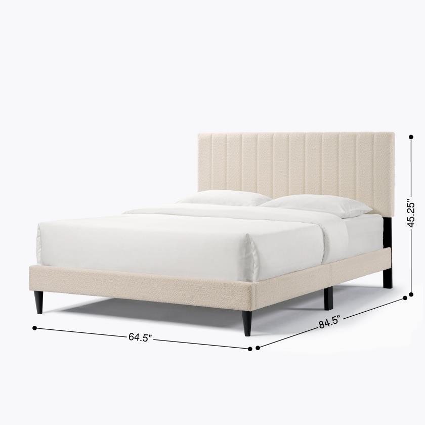 Cream boucle Queen platform bed with midcentury tufted headboard and clean-lined design by Anthony & Home.
