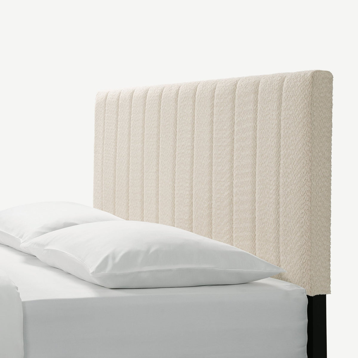 Cream boucle queen platform bed with midcentury tufted headboard from Anthony & Home, showcasing plush fabric and stylish design.