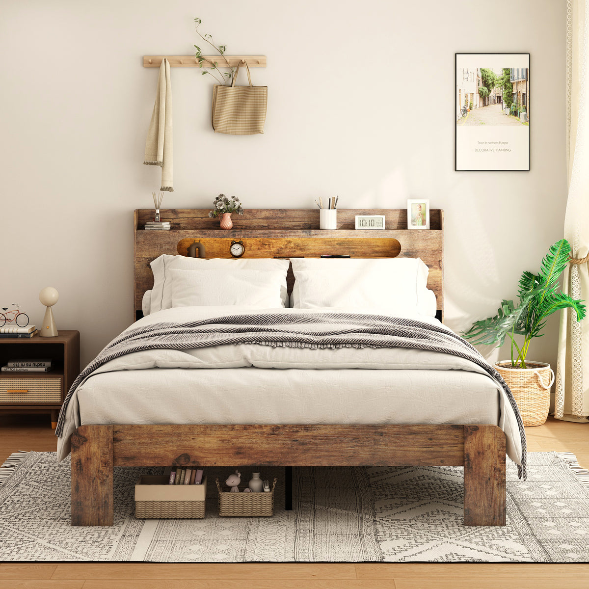 Dark brown wood and metal king platform bed from Anthony & Home, showing the sturdy frame and modern design in a bedroom setting.