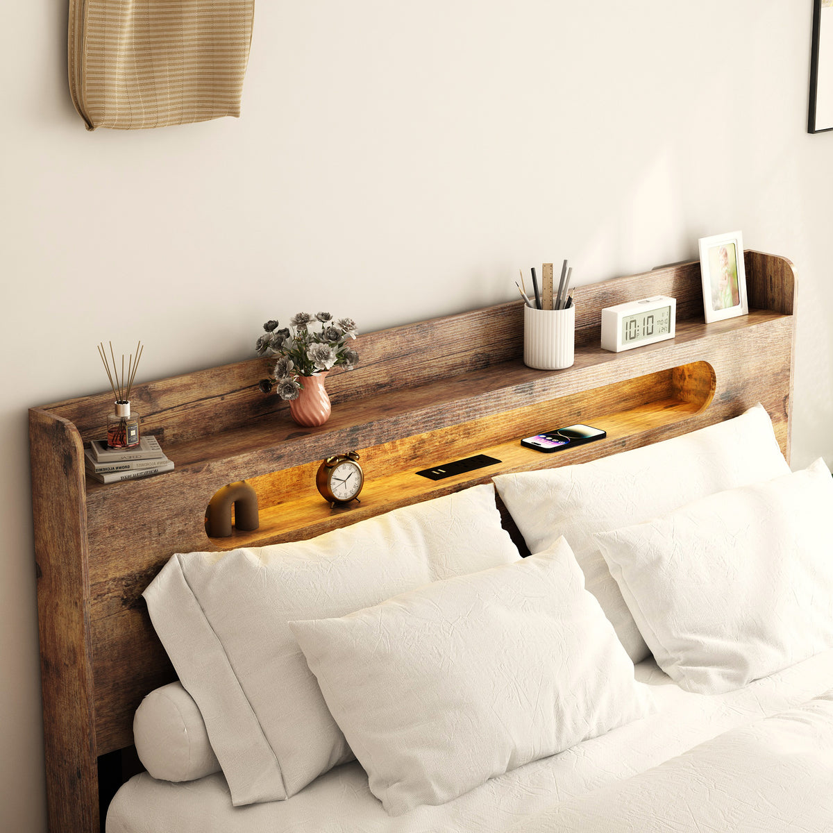 Dark brown wood and metal king platform bed by Anthony & Home, showcasing sturdy frame and modern design in a studio setting.