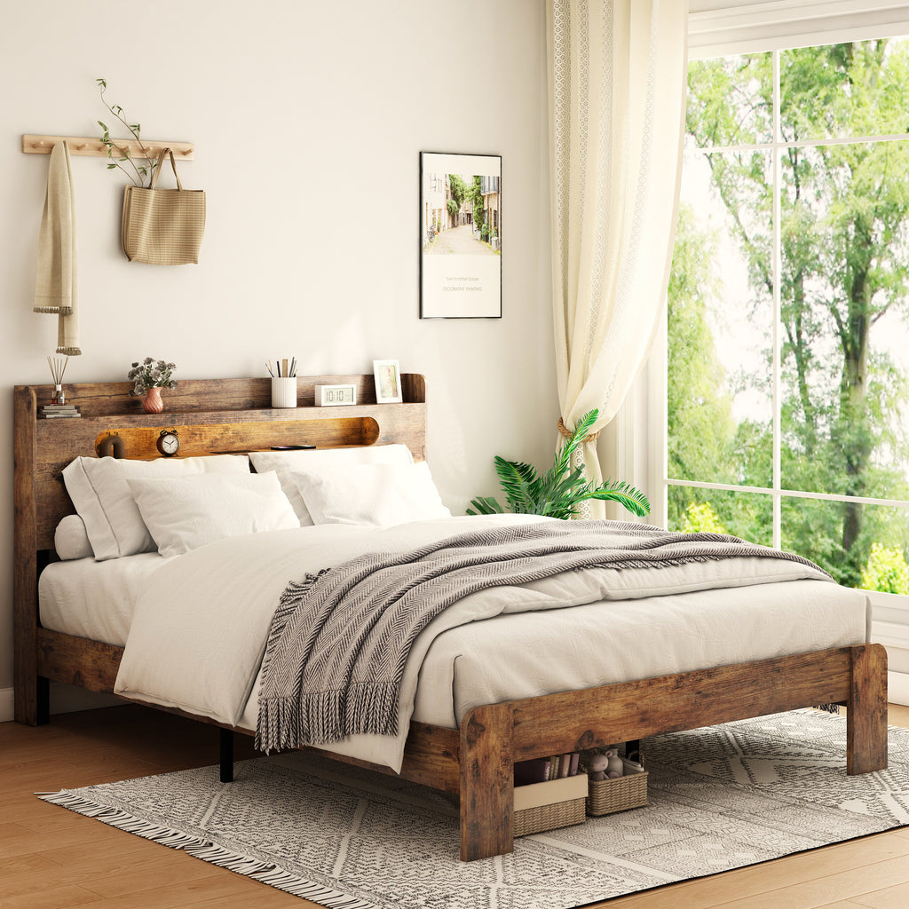 Dark brown wood and metal king platform bed by Anthony & Home in a studio setting with modern design.