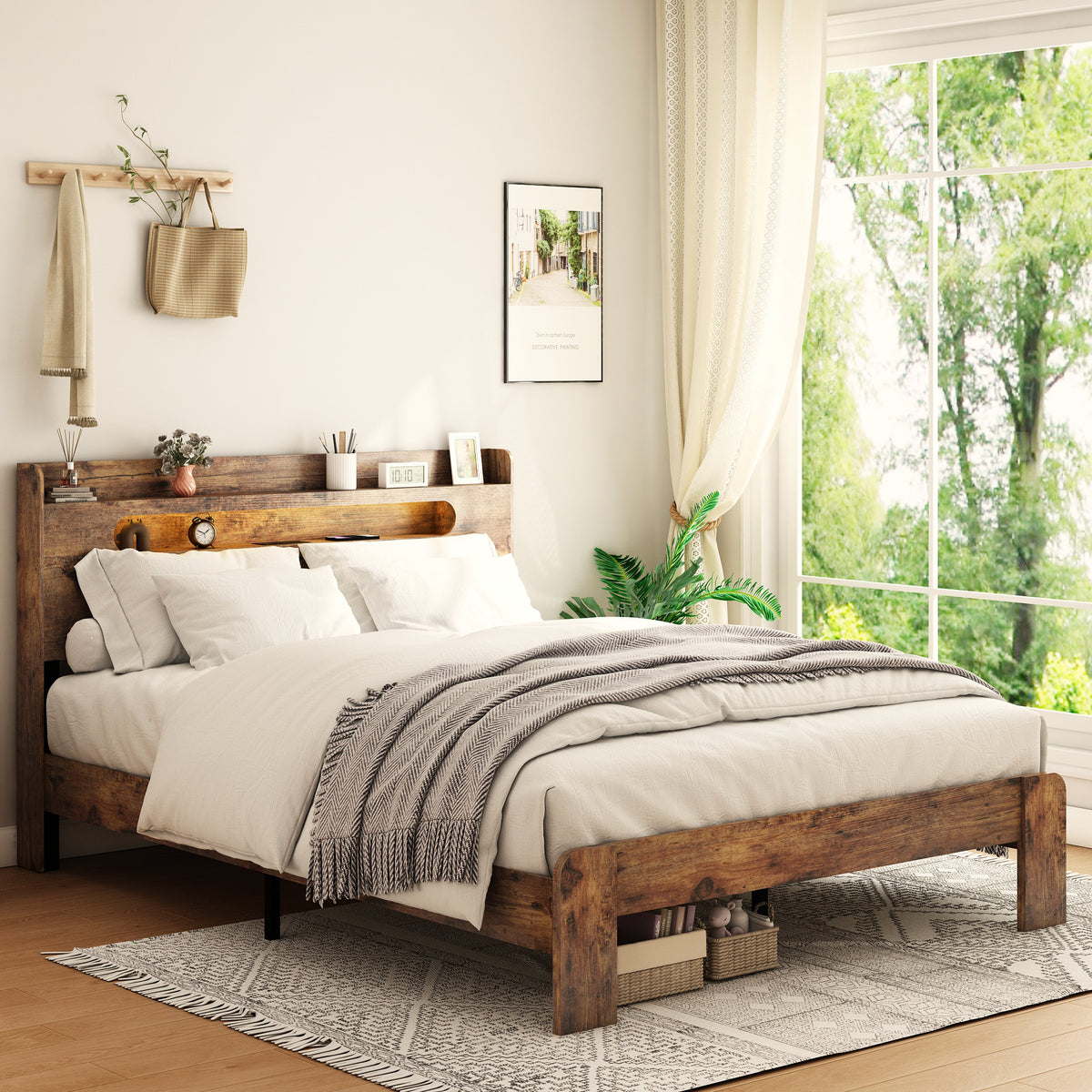 Dark brown wood and metal king platform bed by Anthony & Home in a studio setting with modern design.