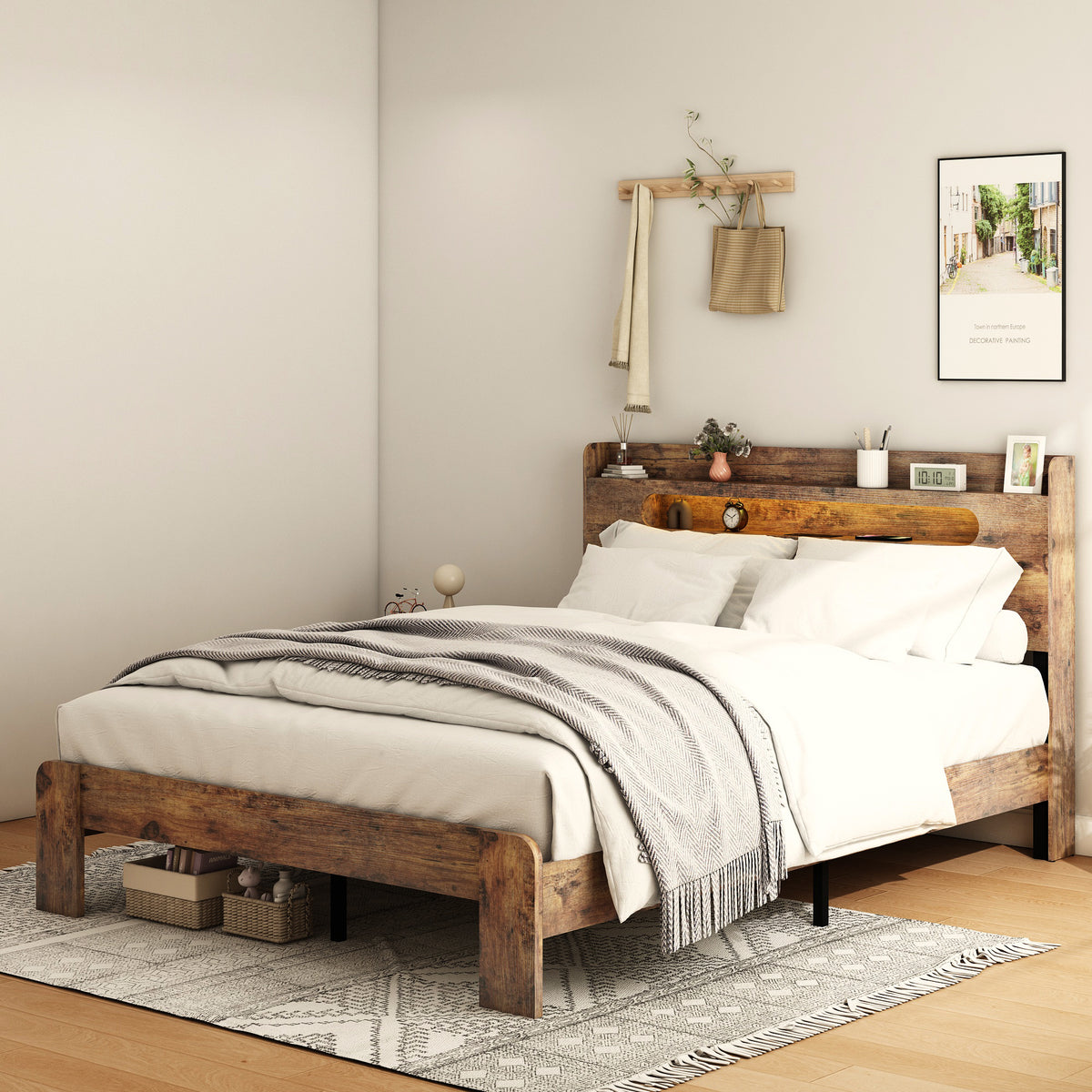 Dark brown wood and metal king platform bed by Anthony & Home, showcasing a sturdy frame and modern design in a studio setting.