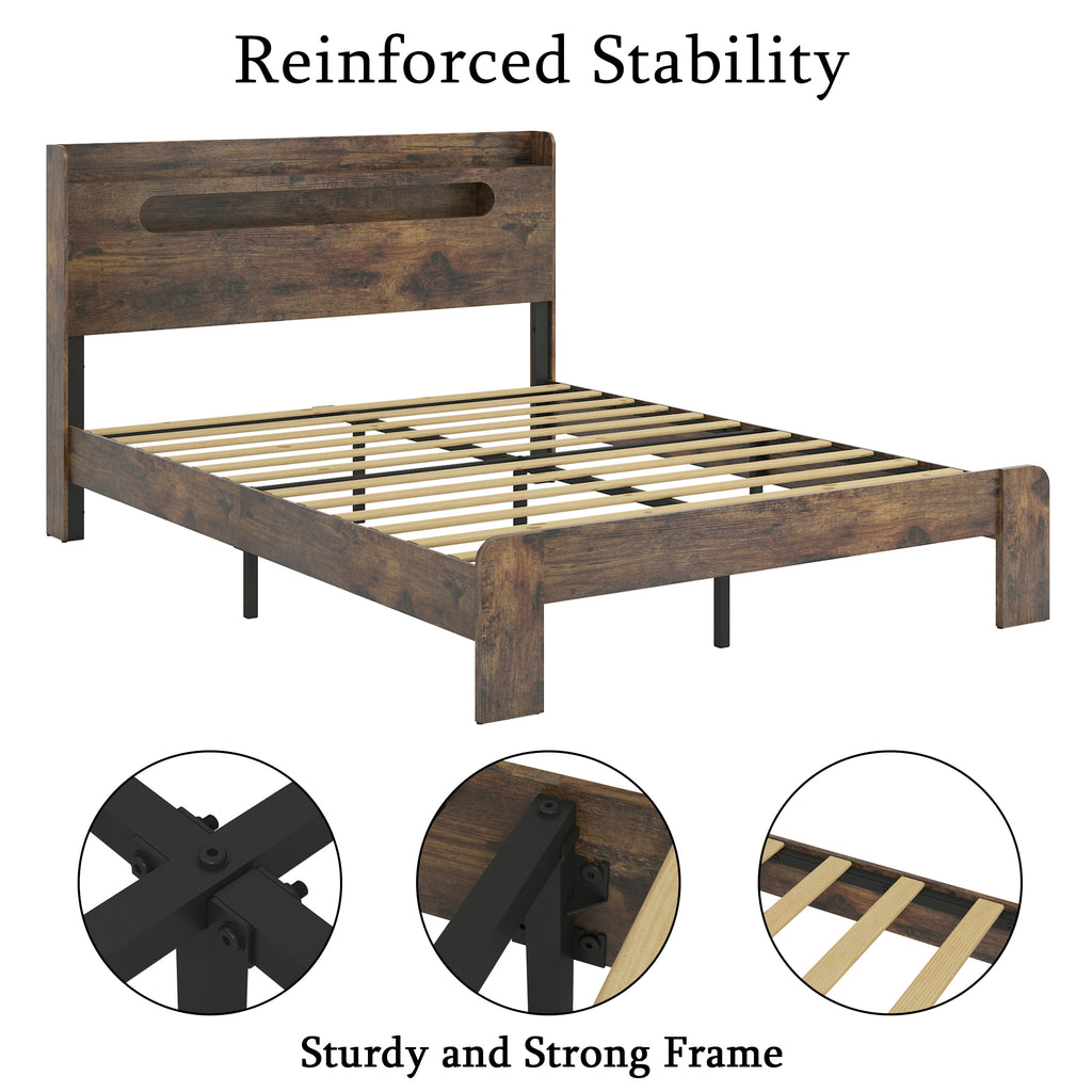 Dark brown wood and metal king platform bed from Anthony & Home, showing a modern bedroom with sleek design and sturdy frame.