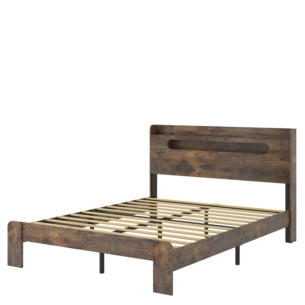 Dark brown wood and metal king platform bed by Anthony & Home, showcasing a modern design with a sturdy frame and minimalist style.