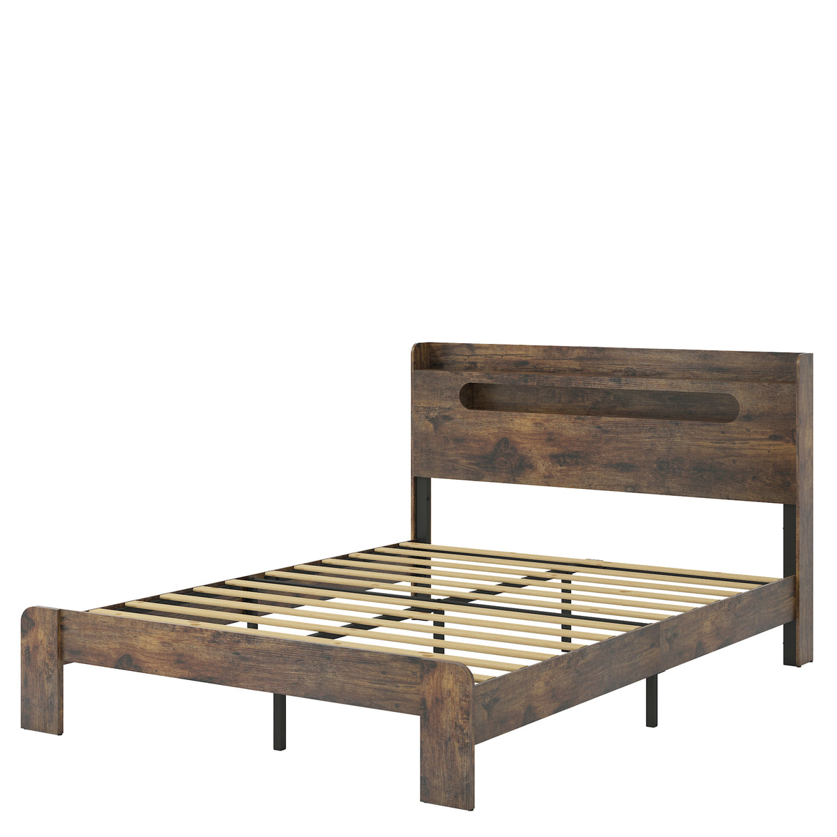 Dark brown wood and metal king platform bed by Anthony & Home, showcasing a modern design with a sturdy frame and minimalist style.