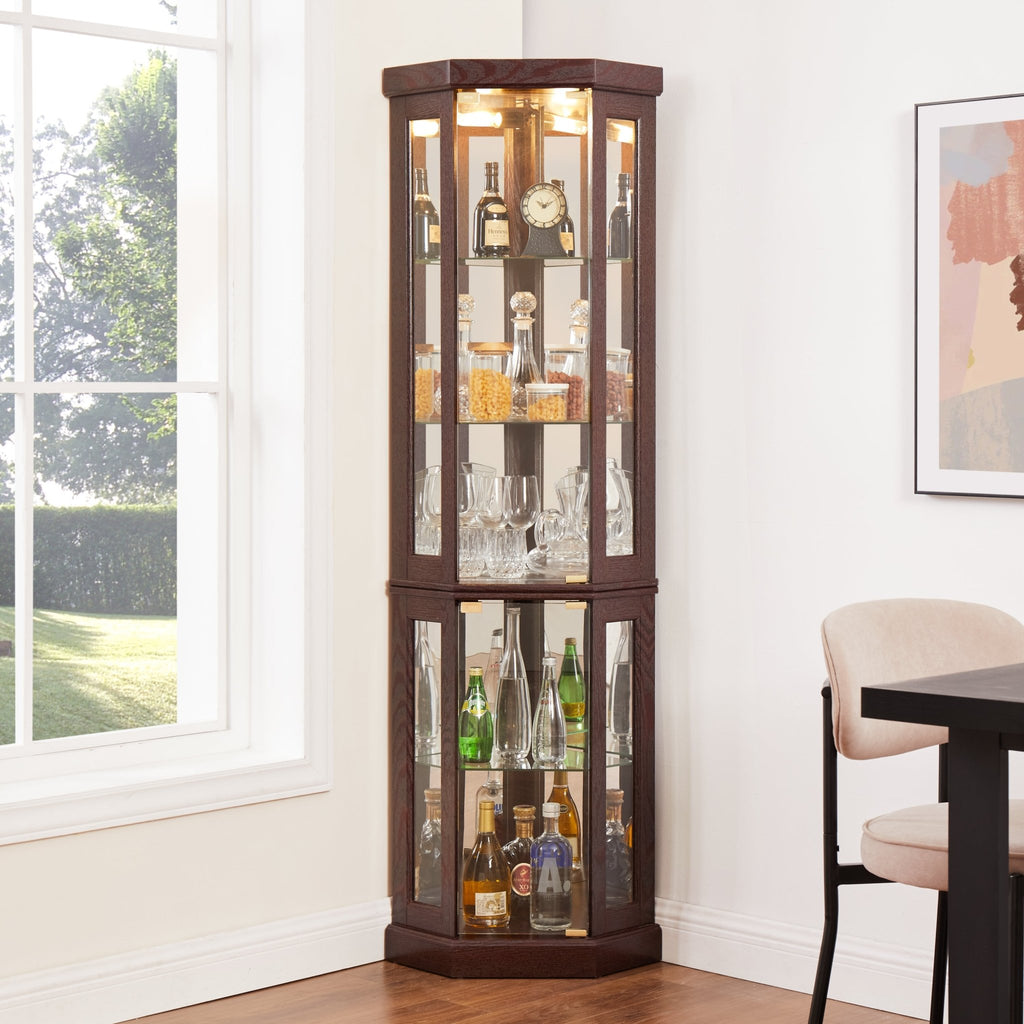 Dark cherry corner curio cabinet by Anthony & Home with glass doors and shelves for display.