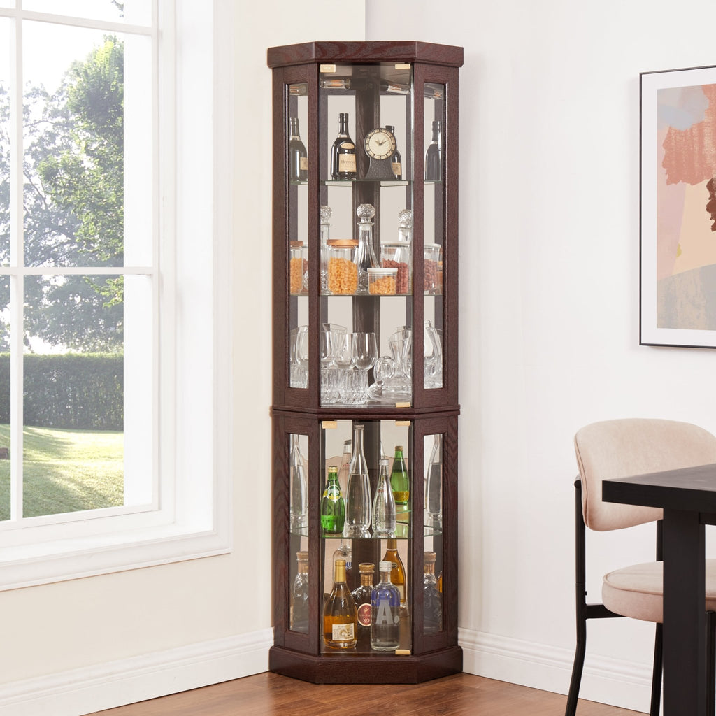 Dark cherry corner curio cabinet by Anthony & Home with glass doors and shelves for displaying collectibles.
