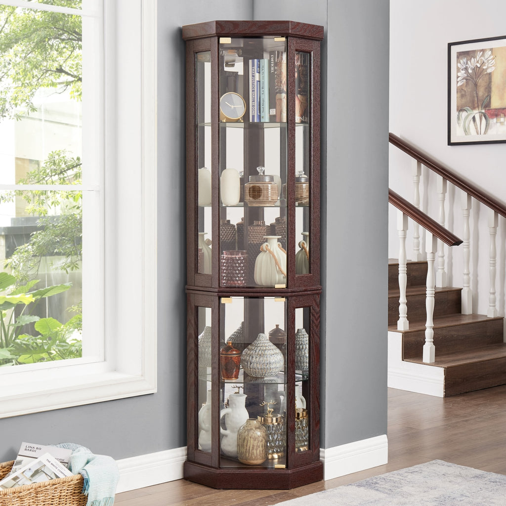 Dark cherry Anthony & Home corner curio cabinet with glass doors and display shelves for elegant storage and showcasing collectibles.