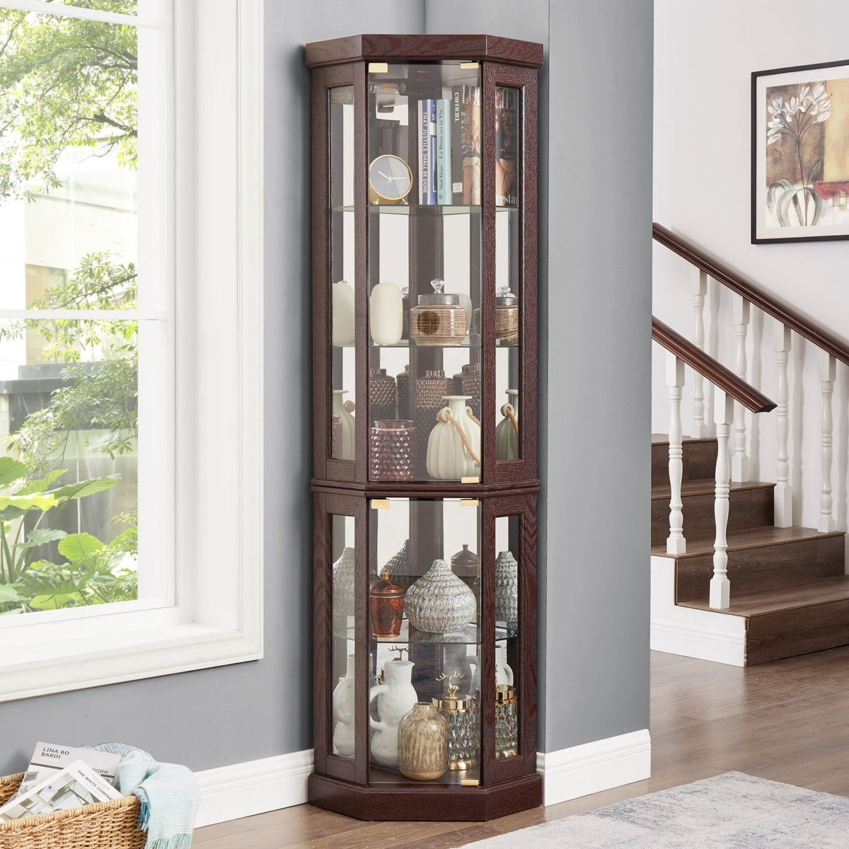 Dark cherry Anthony & Home corner curio cabinet with glass doors and display shelves for elegant storage and showcasing collectibles.