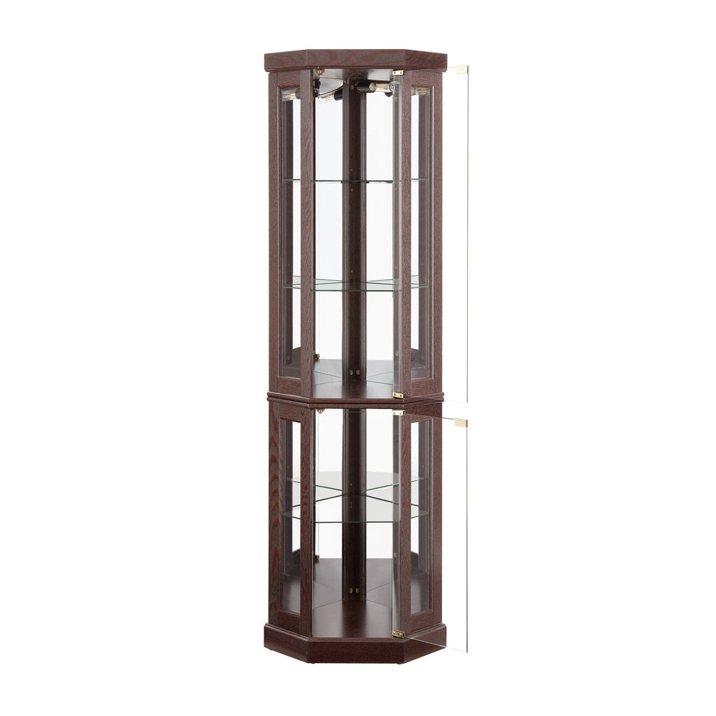 Dark cherry corner curio cabinet by Anthony & Home with glass doors and shelves for display.