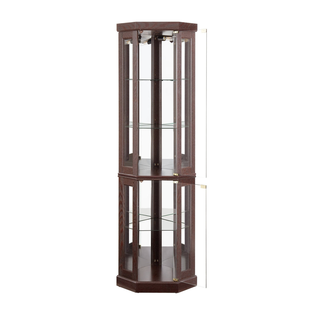 Dark cherry corner curio cabinet by Anthony & Home with glass doors and shelves for display.