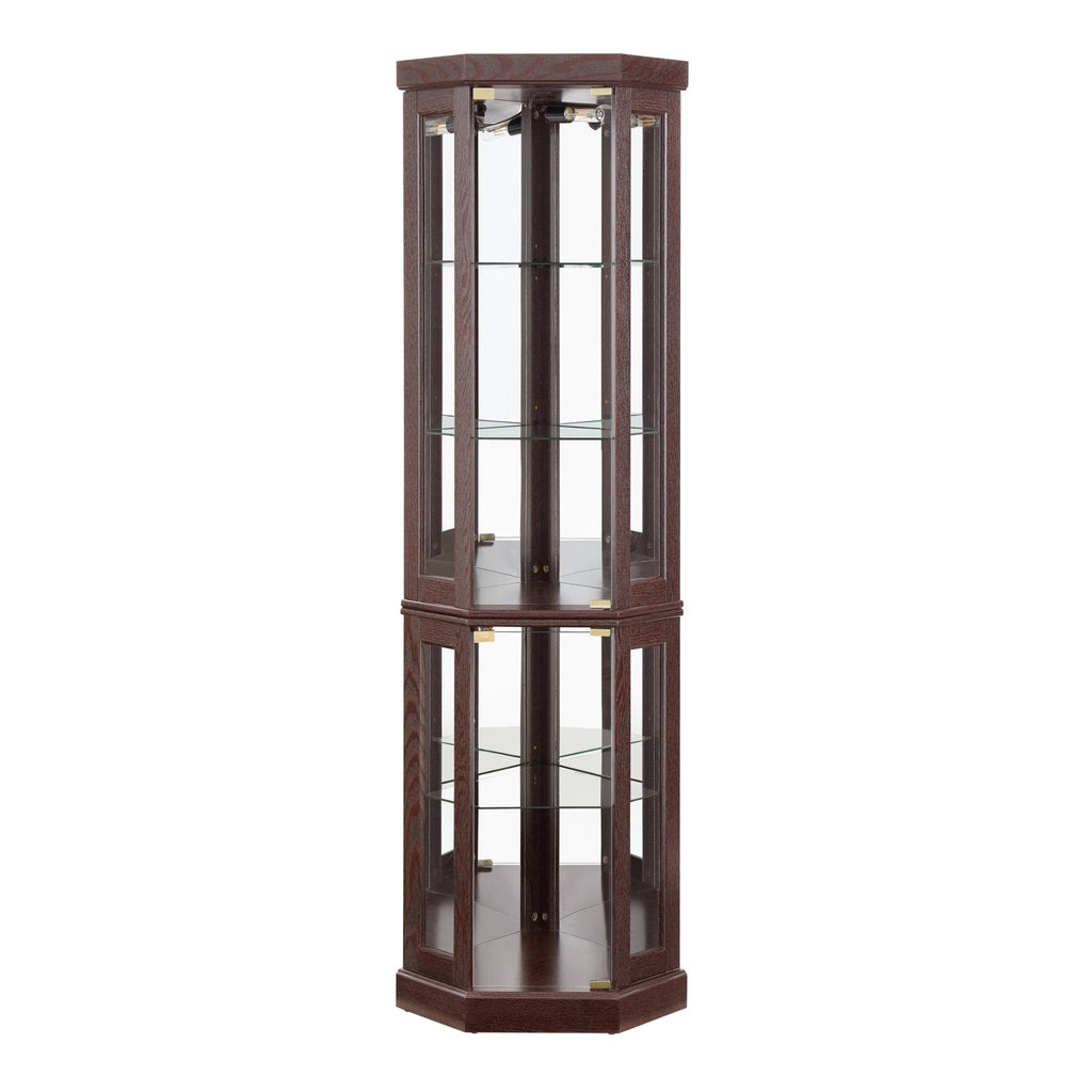 Dark cherry corner curio cabinet by Anthony & Home with glass doors and shelving for displaying collectibles and decorative items.