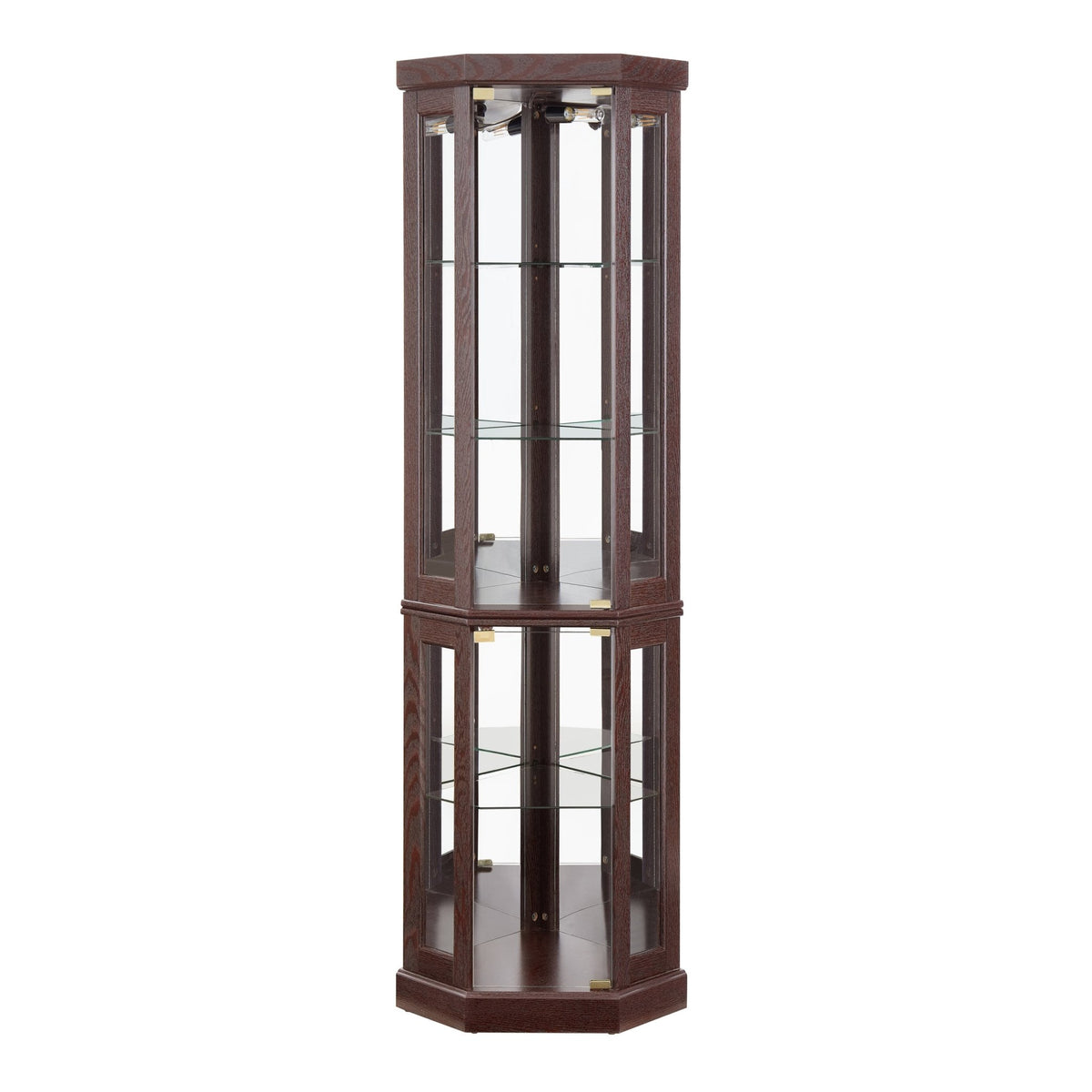 Dark cherry corner curio cabinet by Anthony & Home with glass doors and shelving for displaying collectibles and decorative items.