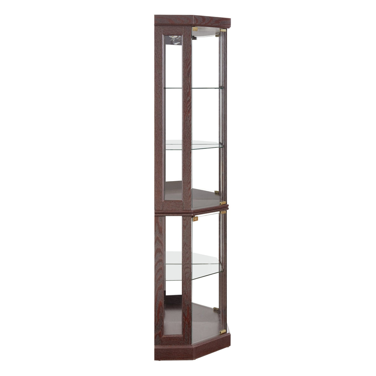Dark cherry corner curio cabinet by Anthony & Home with glass doors and display shelves for collectibles and decorative items.