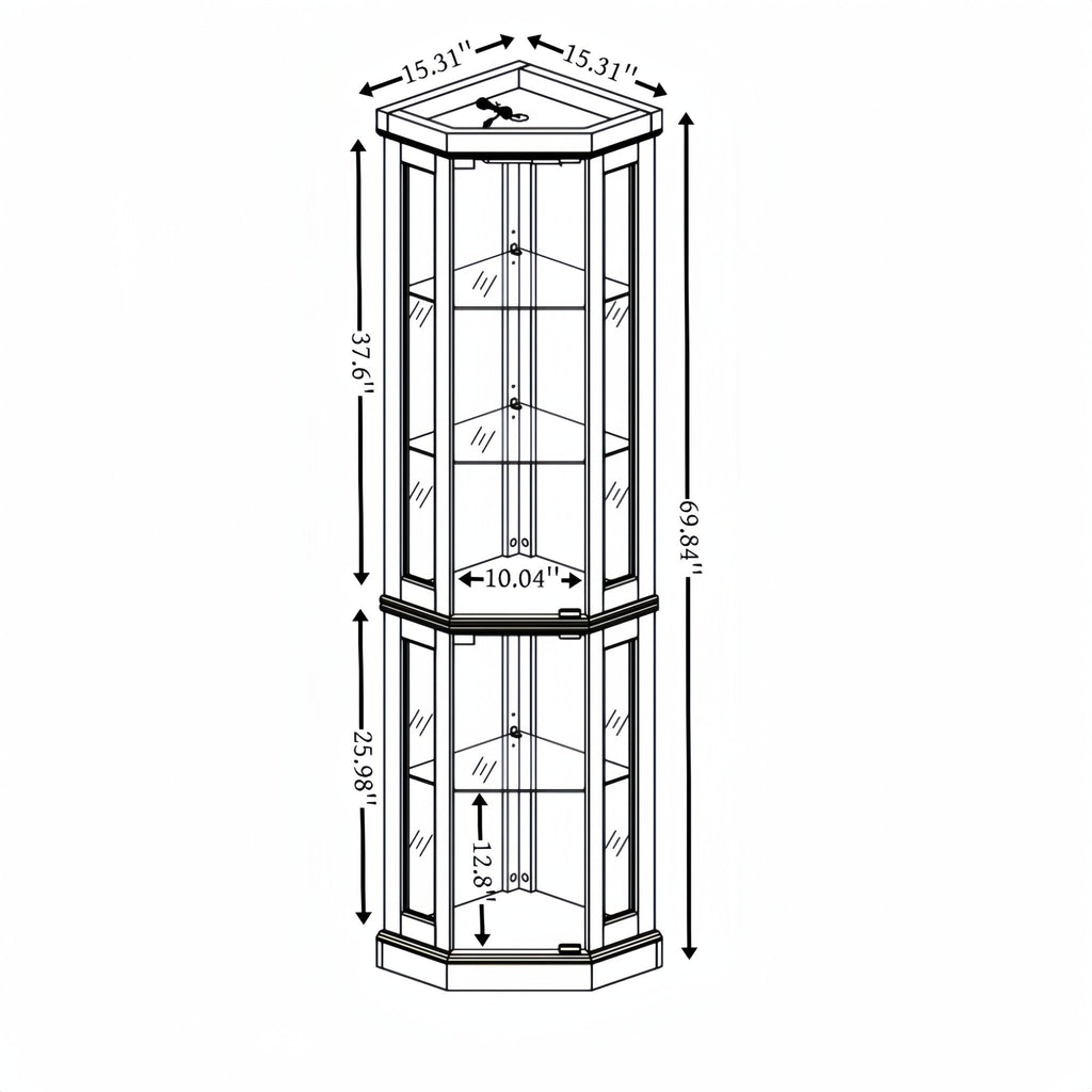 Dark cherry corner curio cabinet by Anthony & Home with glass doors and display shelves in a stylish corner design.