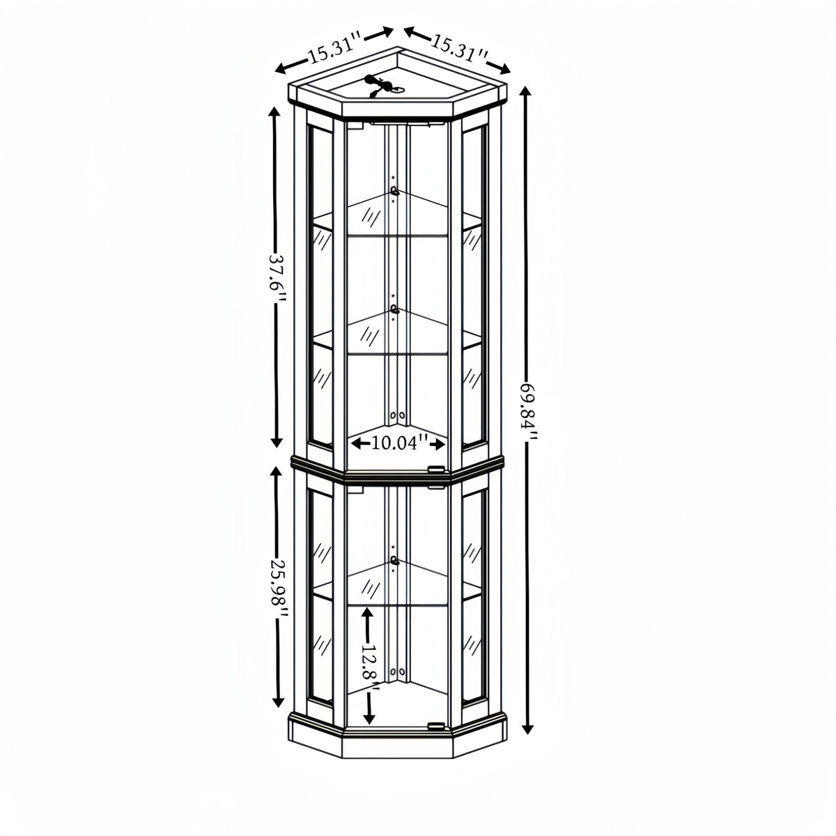 Dark cherry corner curio cabinet by Anthony & Home with glass doors and display shelves in a stylish corner design.