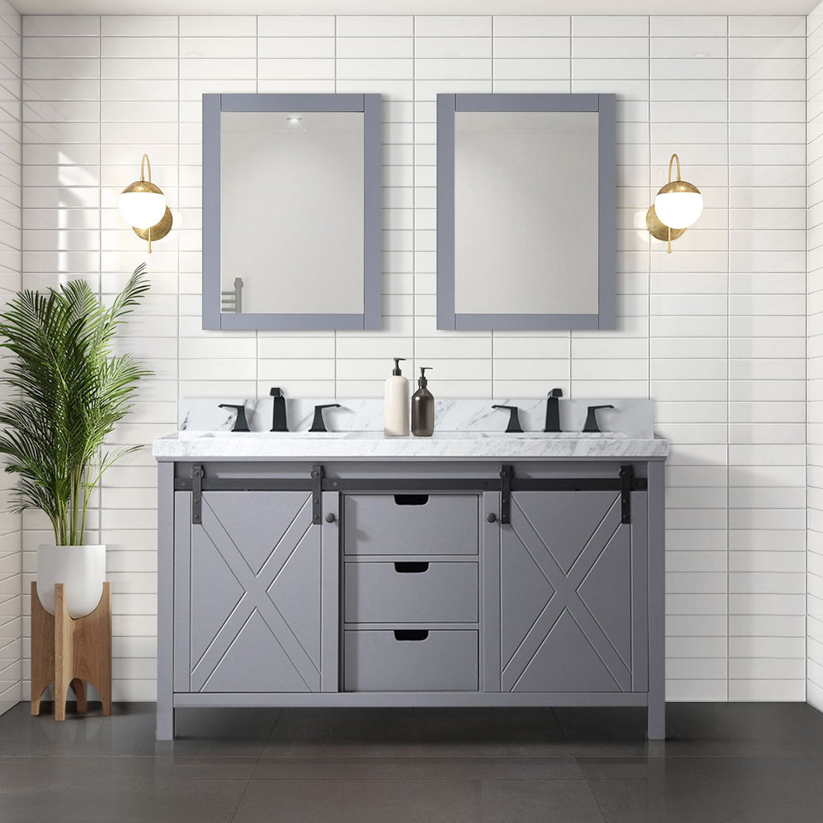Dark grey 60-inch Anthony & Home double bath vanity with Carrara marble countertop and faucet set from the Atelier Collection.