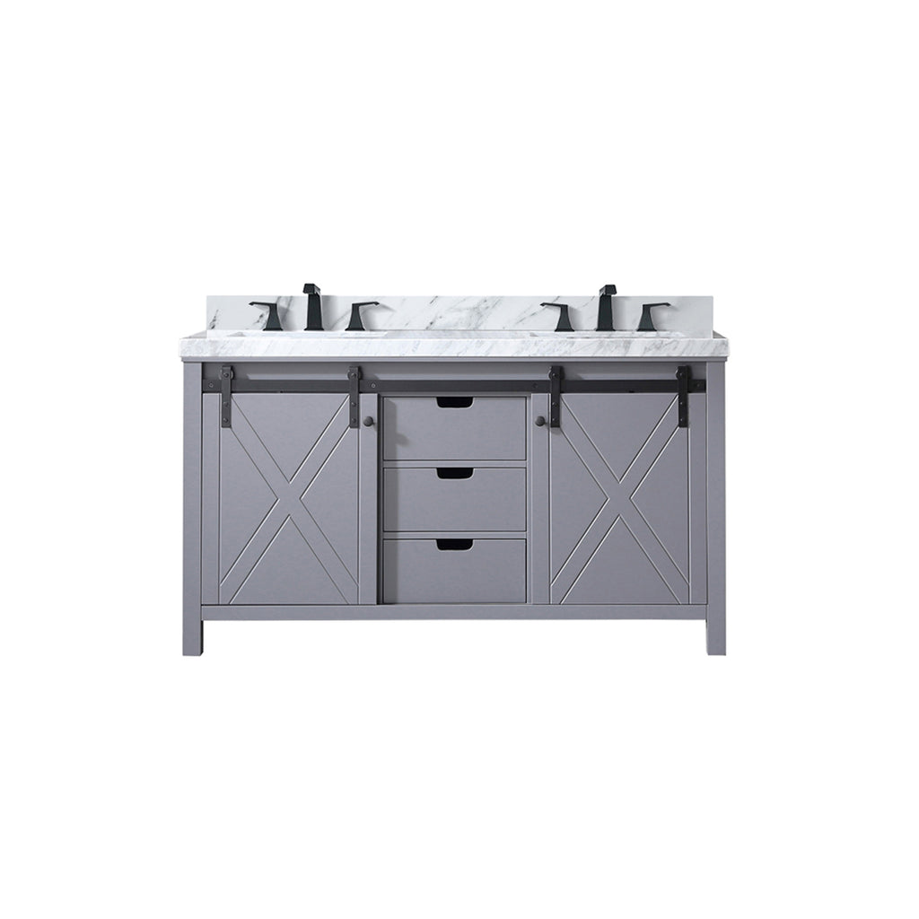 Dark grey 60-inch double bathroom vanity with Carrara marble countertop and faucet set from Anthony & Home Atelier Collection