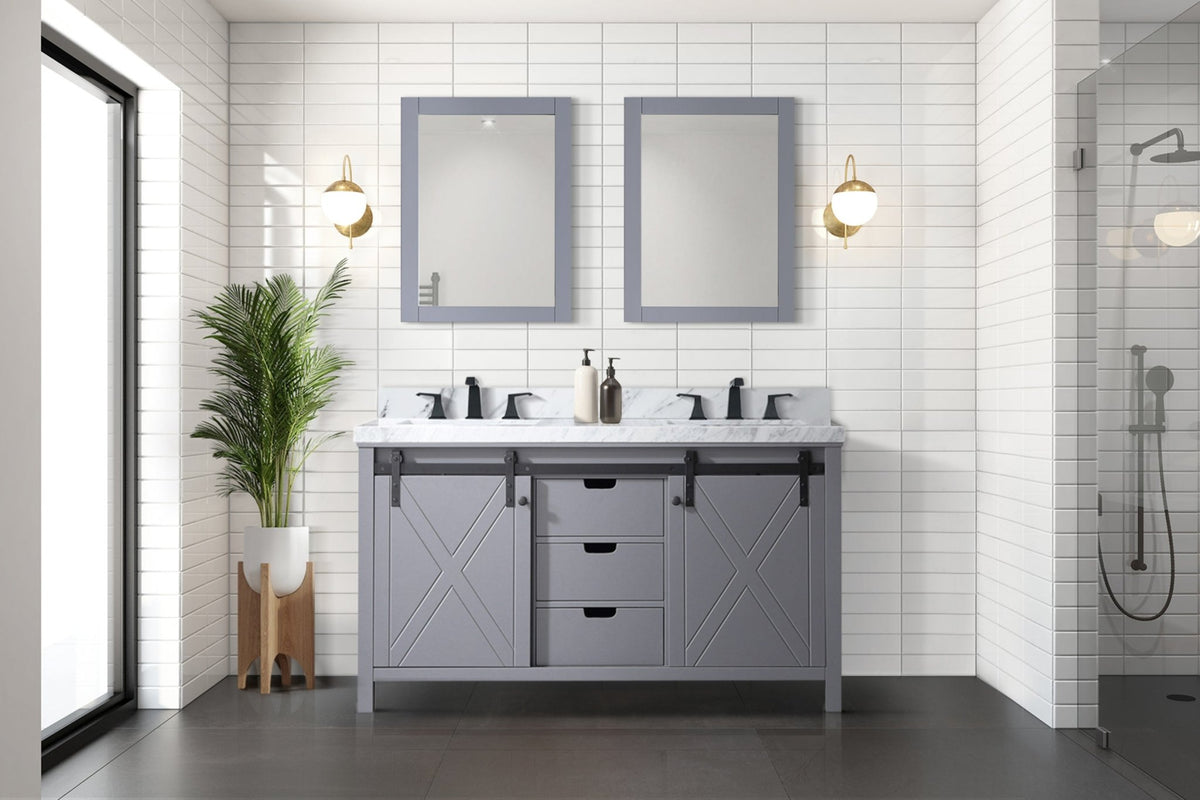 Dark grey 60-inch Anthony & Home double bath vanity with Carrara marble countertop and faucet set from the Atelier Collection.