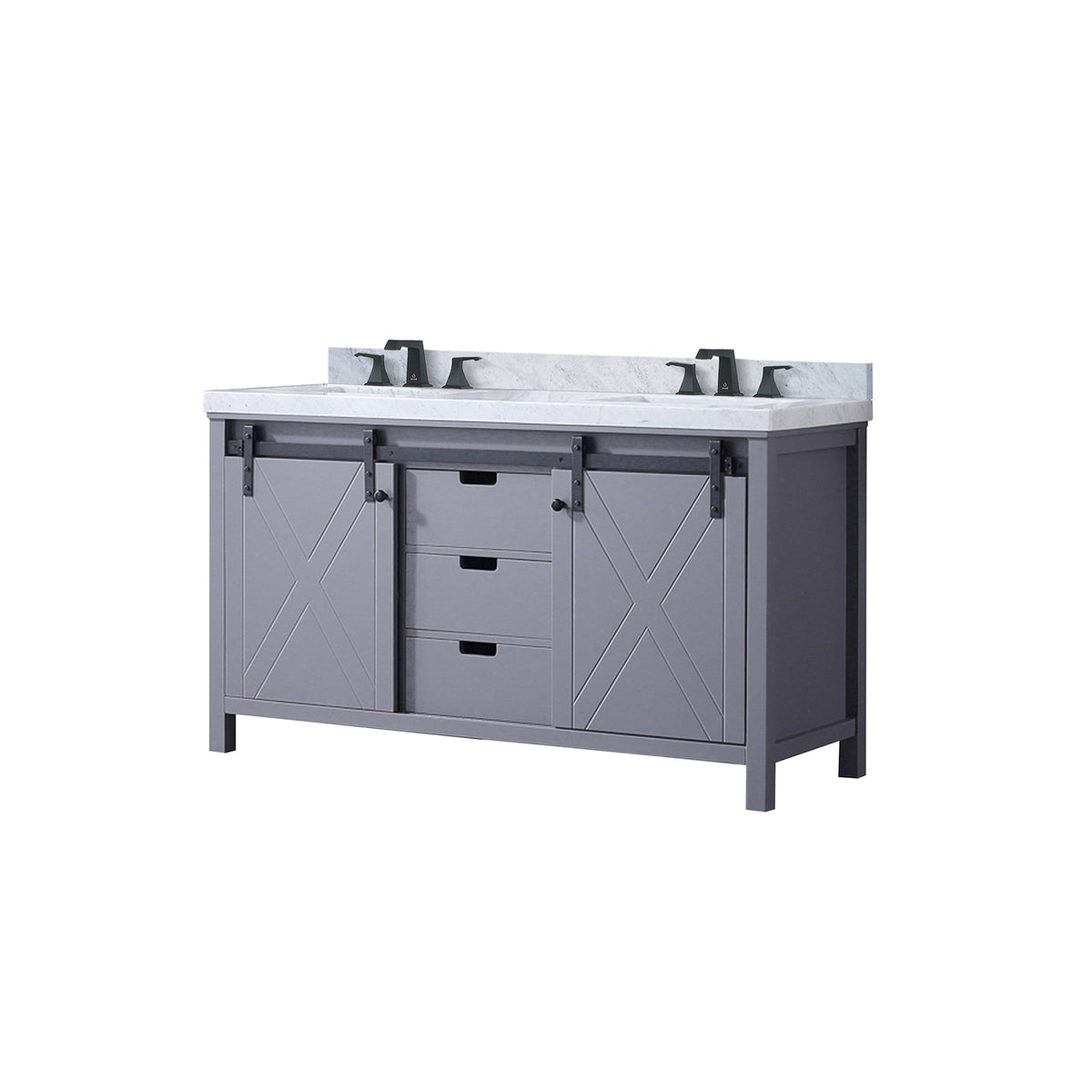 Dark grey 60-inch double bath vanity with Carrara marble countertop and faucet set from Anthony & Home Atelier Collection.