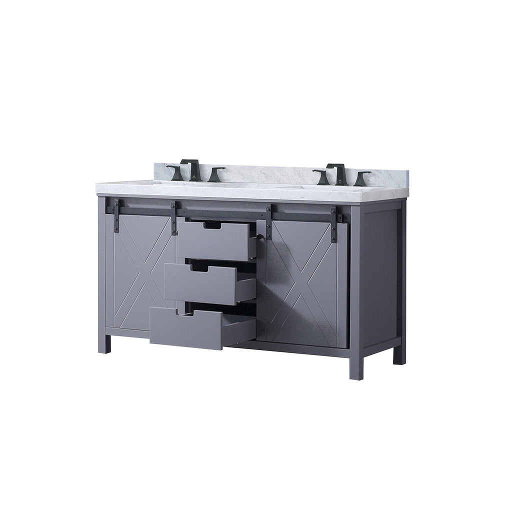 Dark grey 60-inch double bath vanity with Carrara marble countertop and faucet set from Anthony & Home's Atelier Collection.