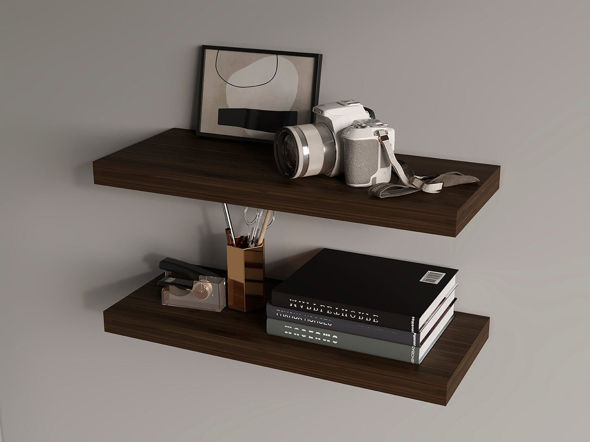 Set of two dark oak floating shelves by Anthony & Home, showcasing sleek wall-mounted storage and display space.