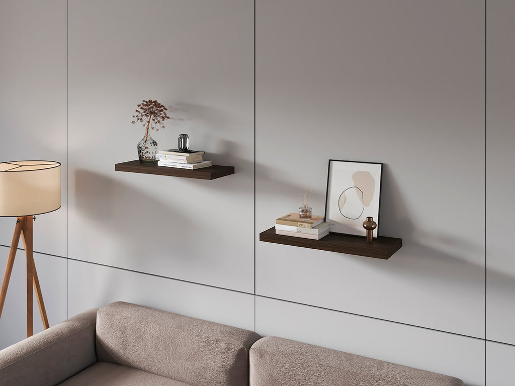 Dark oak floating shelves set of 2 by Anthony & Home, showcasing sleek wall-mounted storage with a modern, natural wood finish.