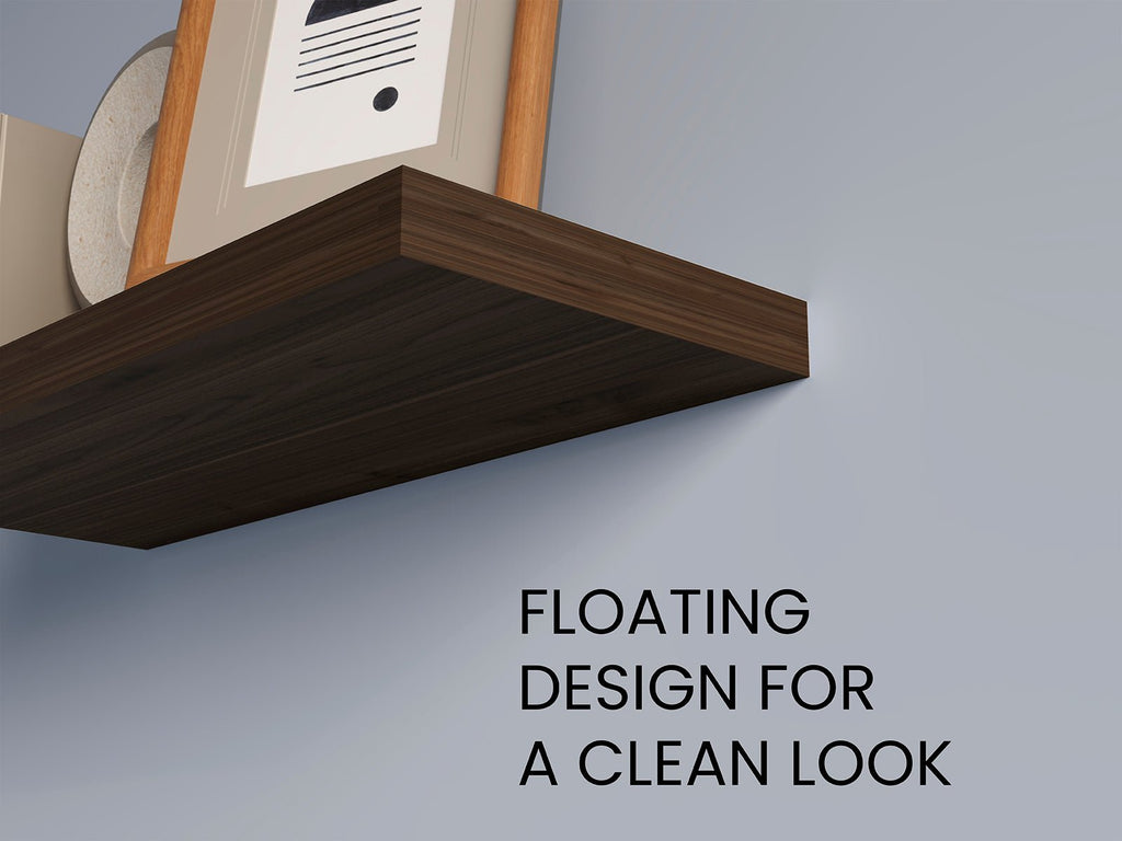 Set of two dark oak floating shelves by Anthony & Home, modern wall-mounted storage for living or bedroom decor.