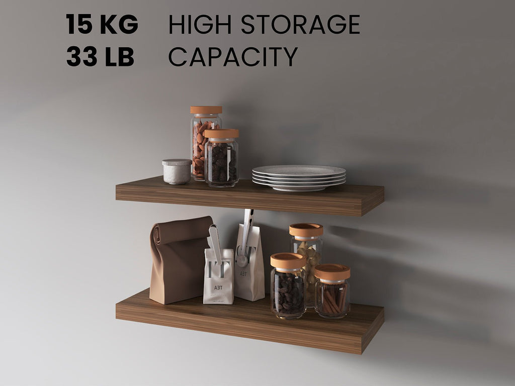 Dark oak floating shelves set of 2 by Anthony & Home, sleek wall-mounted storage with a modern, limited edition design.
