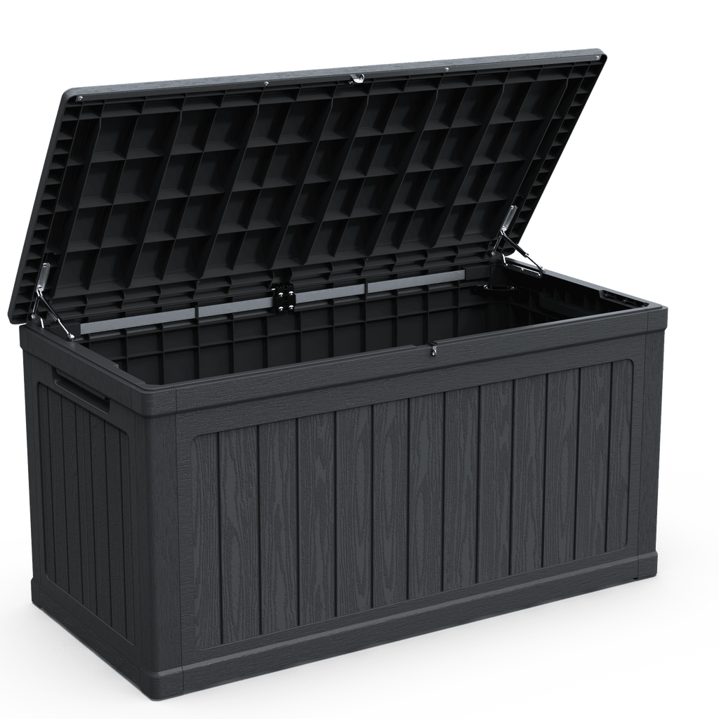 Anthony & Home 230-gallon weatherproof deck box for outdoor storage, showing a sturdy, durable storage solution for patio use.